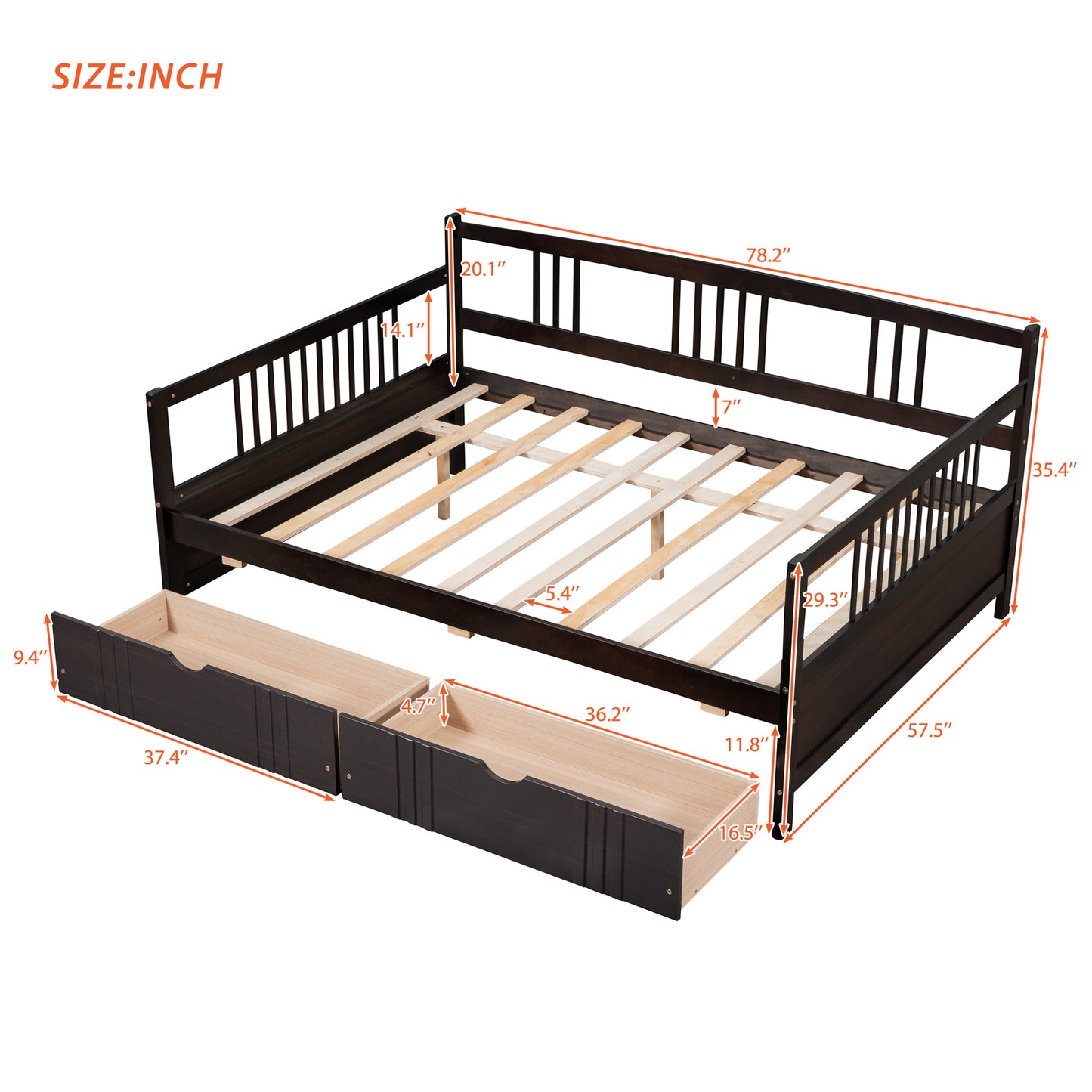 Dark brown wooden daybed with two pullout storage drawers