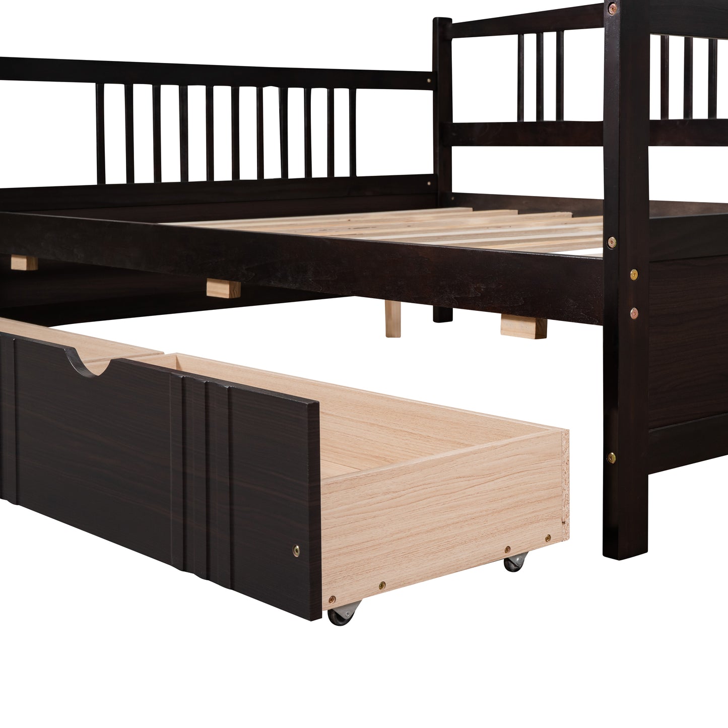 Dark wood daybed with integrated trundle drawer