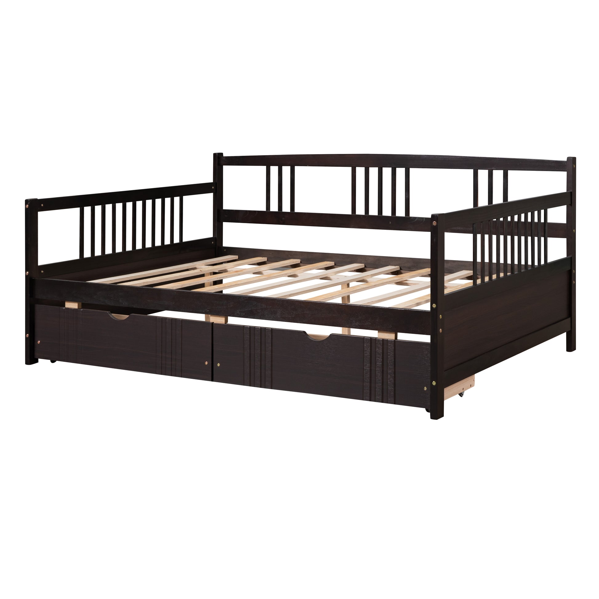 Dark brown wooden daybed with slatted base and drawers