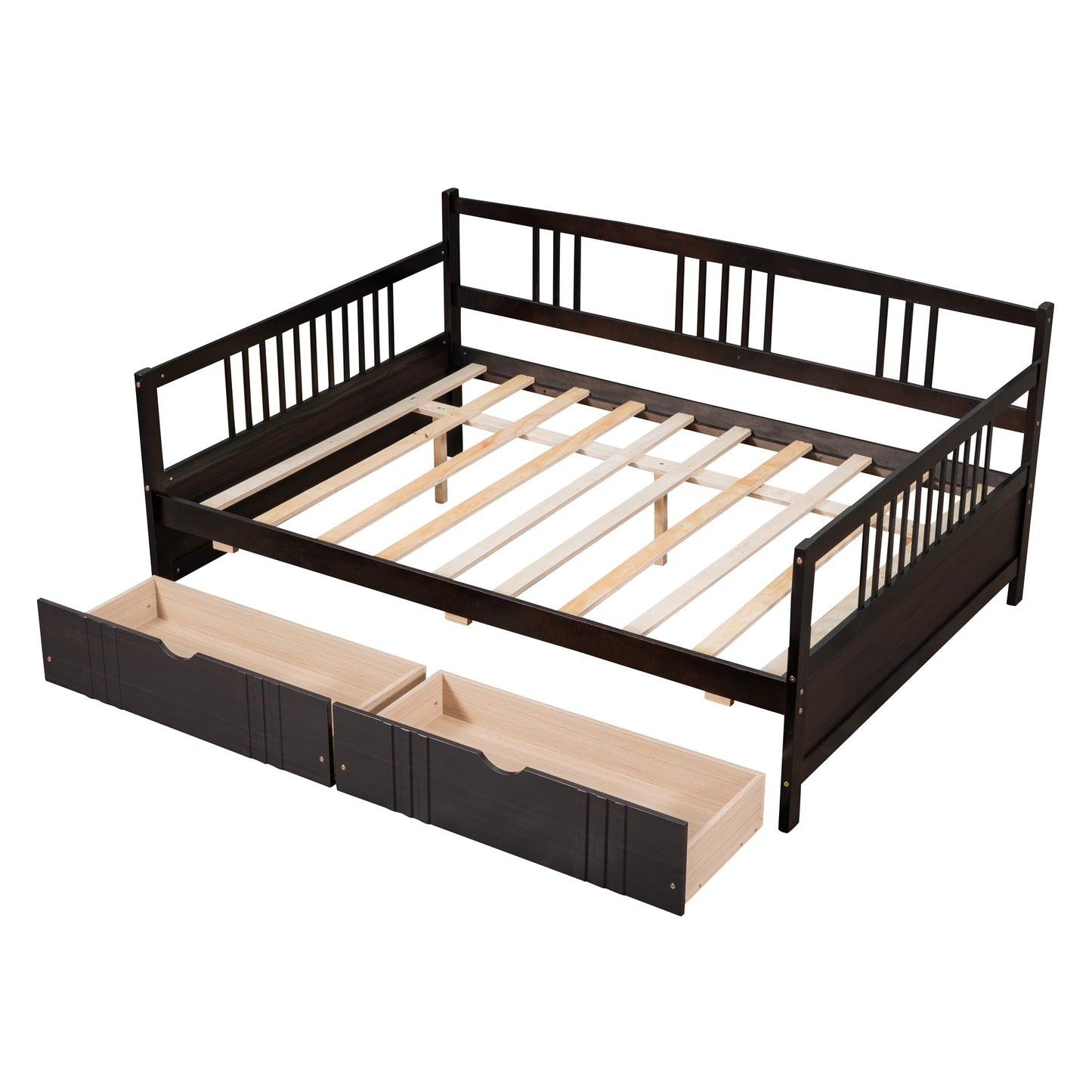 Dark brown wooden daybed frame with slatted base and two pullout drawers for storage