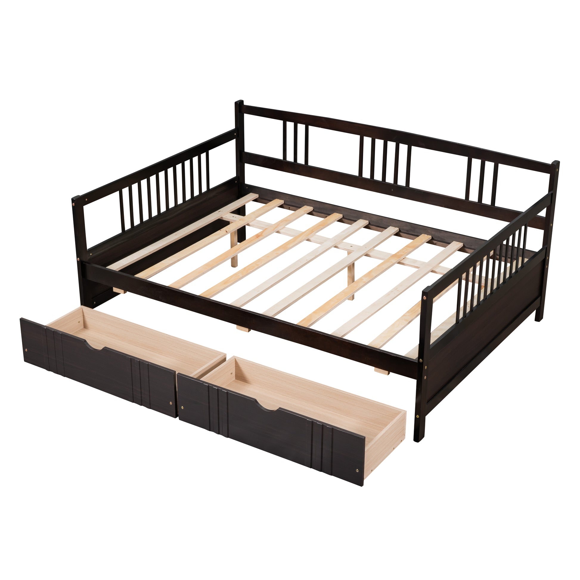 Dark brown wooden daybed frame with slatted base and two pullout drawers for storage