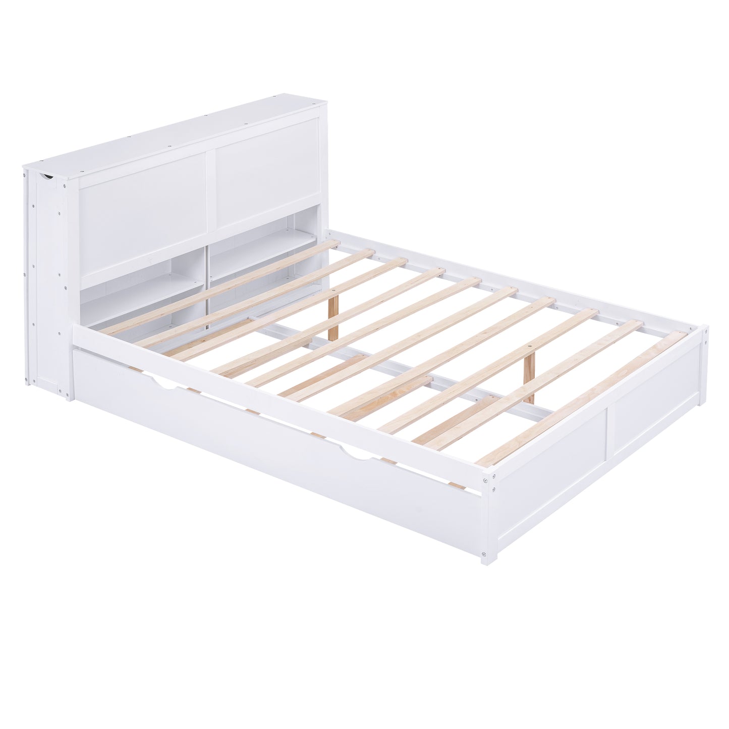 White twin bed frame with storage headboard and slatted support