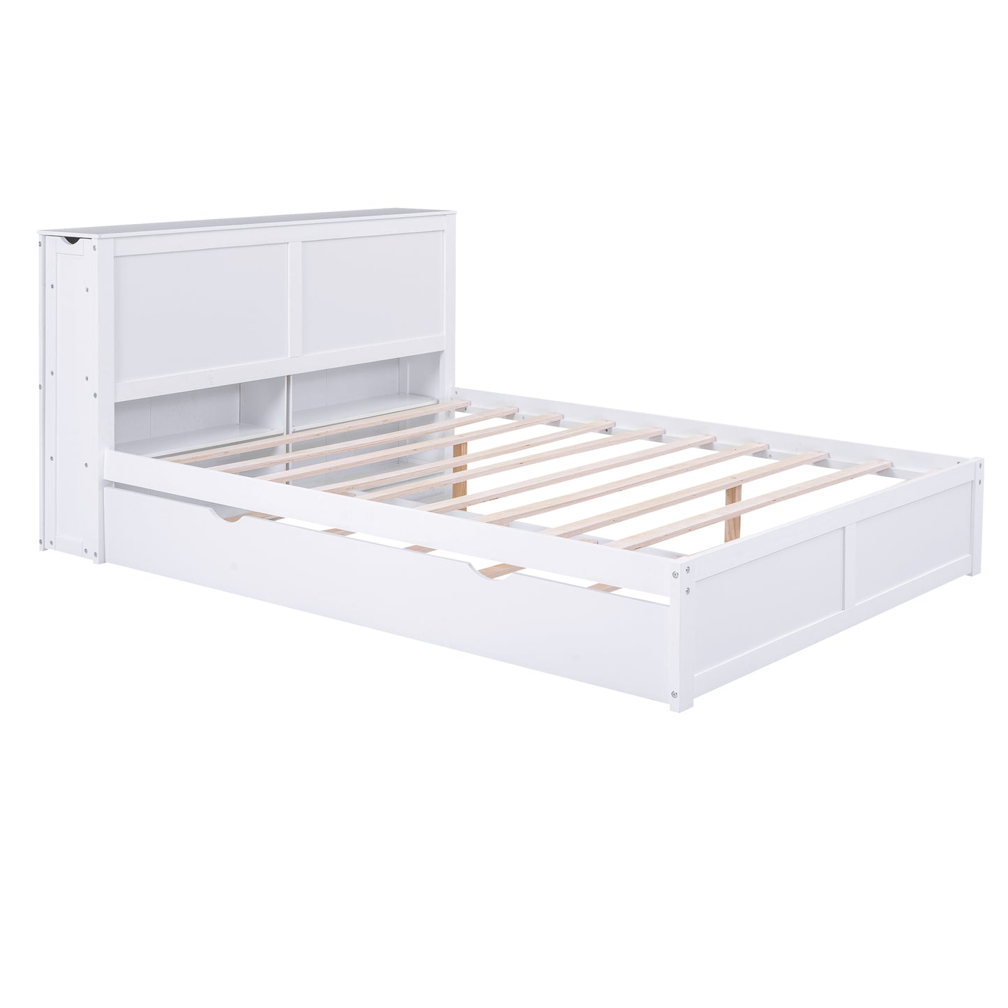 White wooden bed frame with headboard storage and drawers for kids room