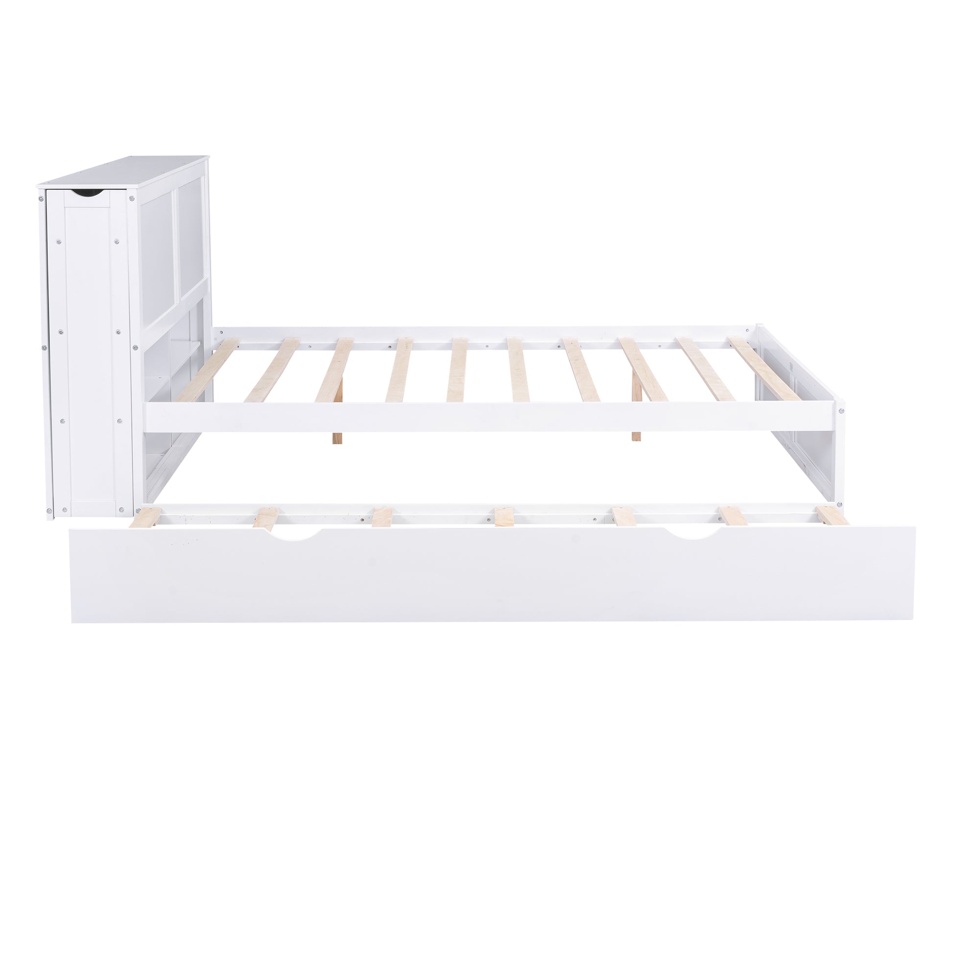 White wooden daybed frame with pullout trundle bed