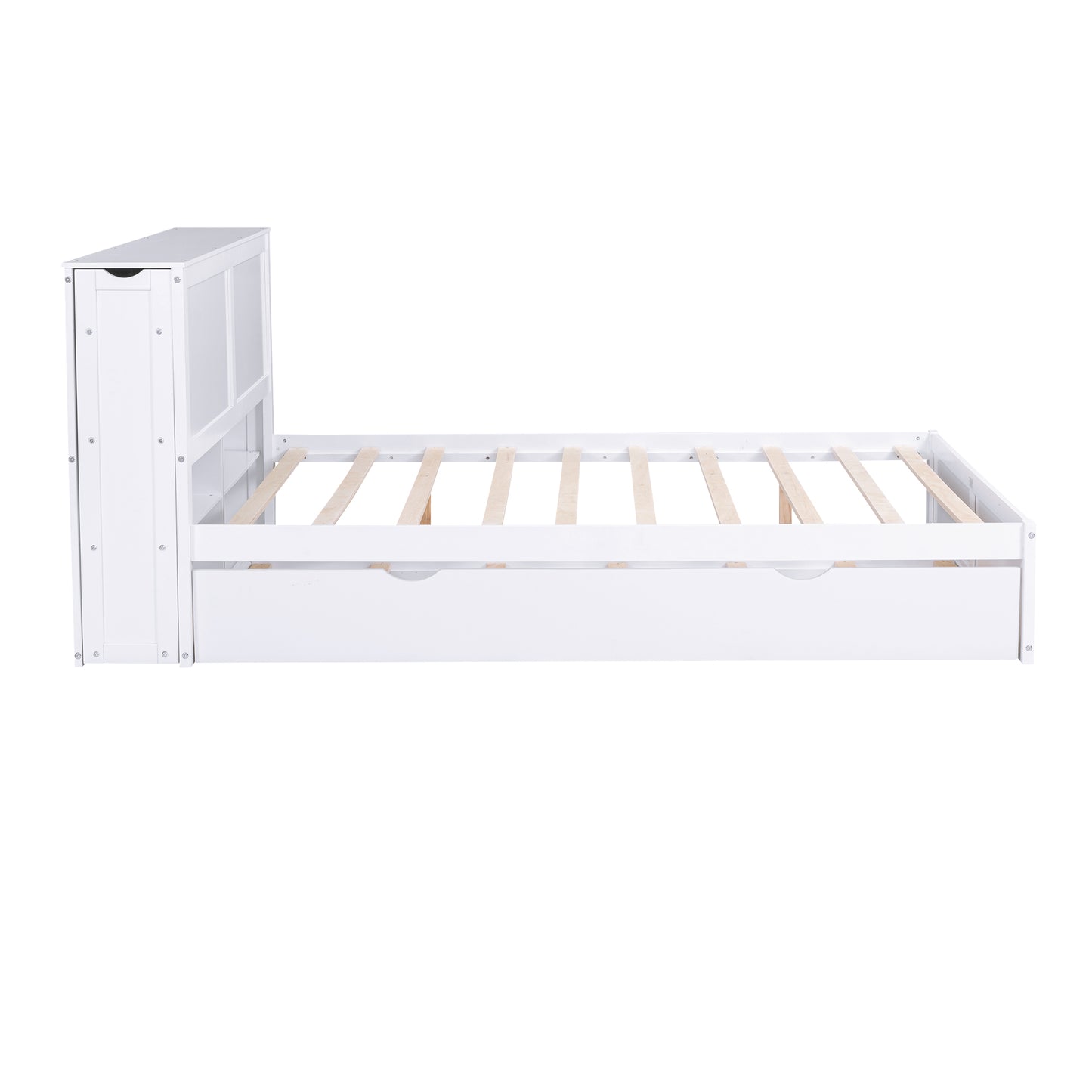White twin bed frame with storage drawers and builtin headboard shelves