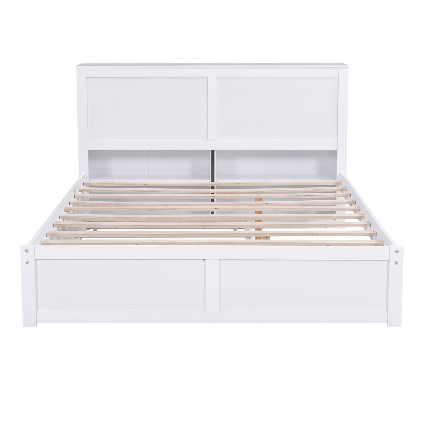 Modern white wooden platform bed with storage headboard and slatted base