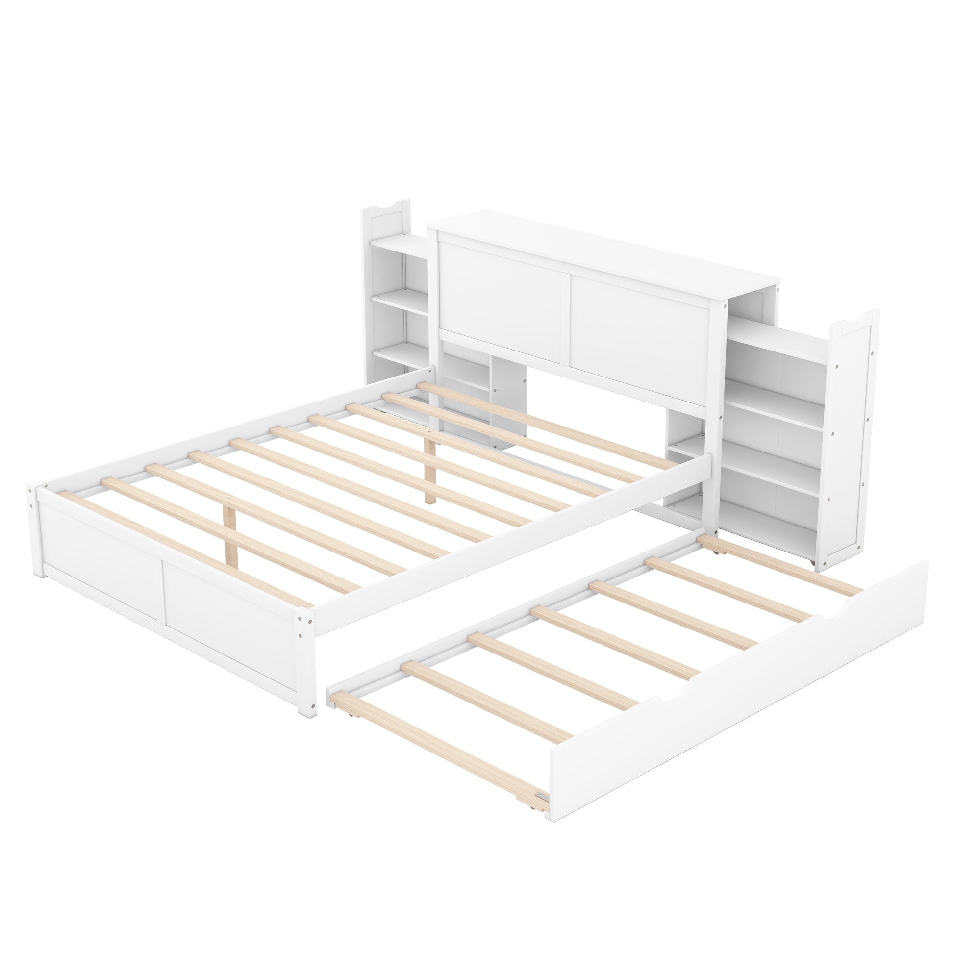 White twin bed with pullout trundle and builtin bookcase headboard