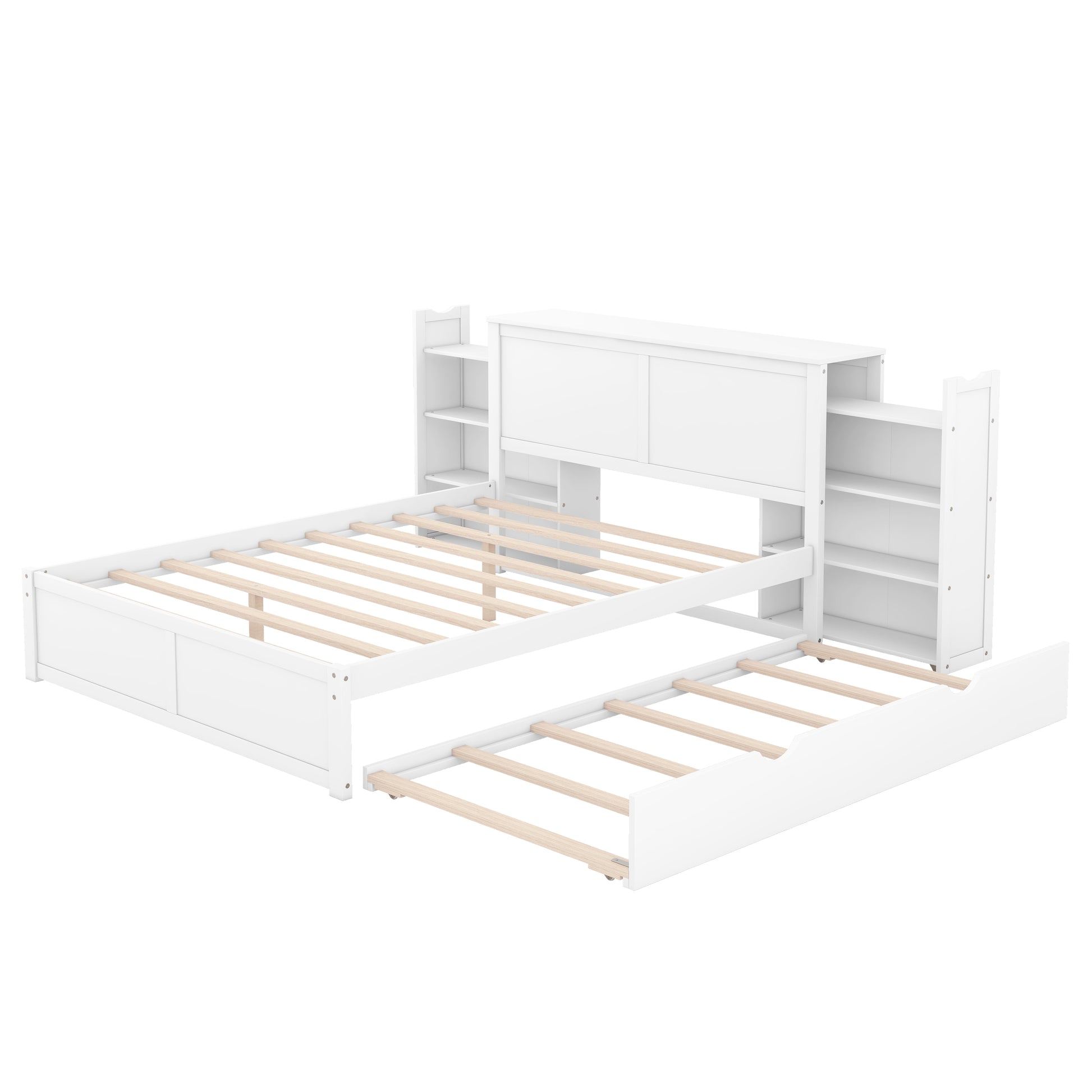 White wood platform bed with trundle and builtin shelves