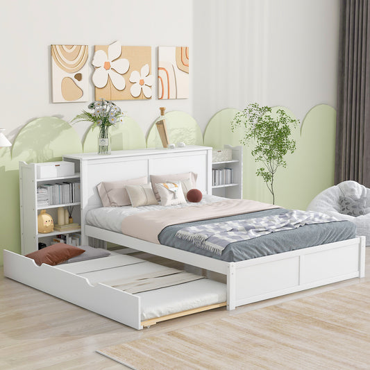 White wooden trundle bed with integrated headboard storage
