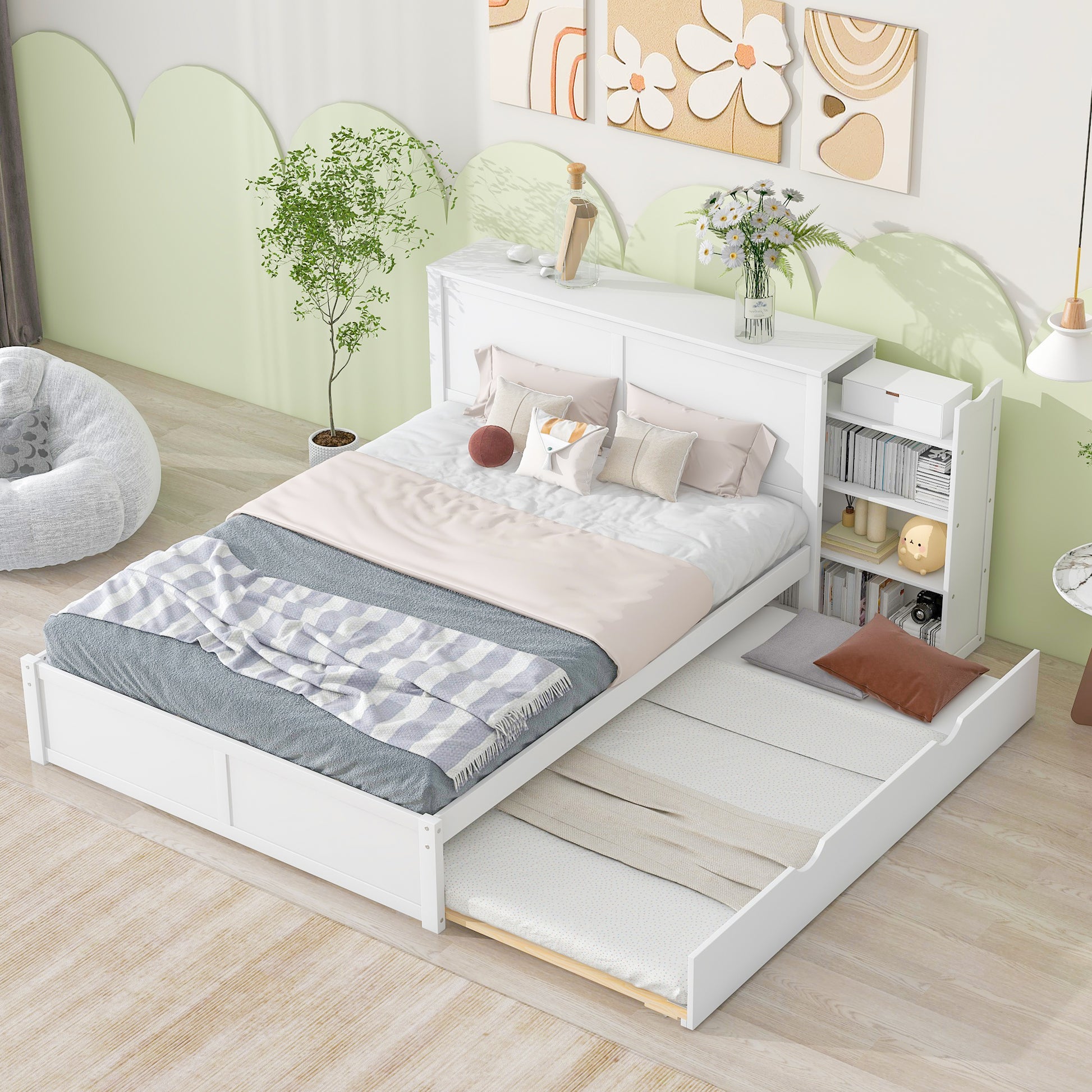 White twin daybed with trundle and attached bookshelf