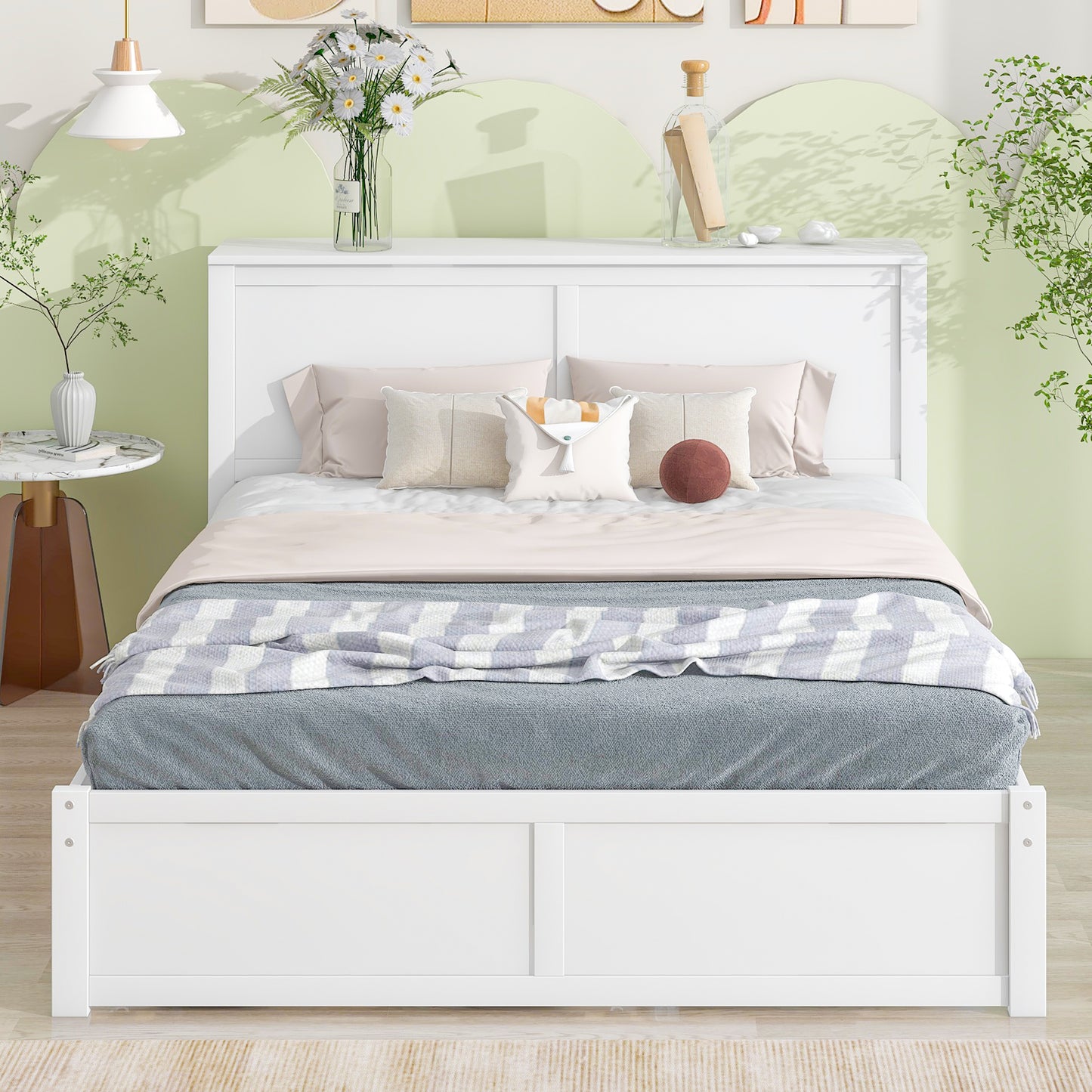 White wooden platform bed frame with upholstered headboard and bedding