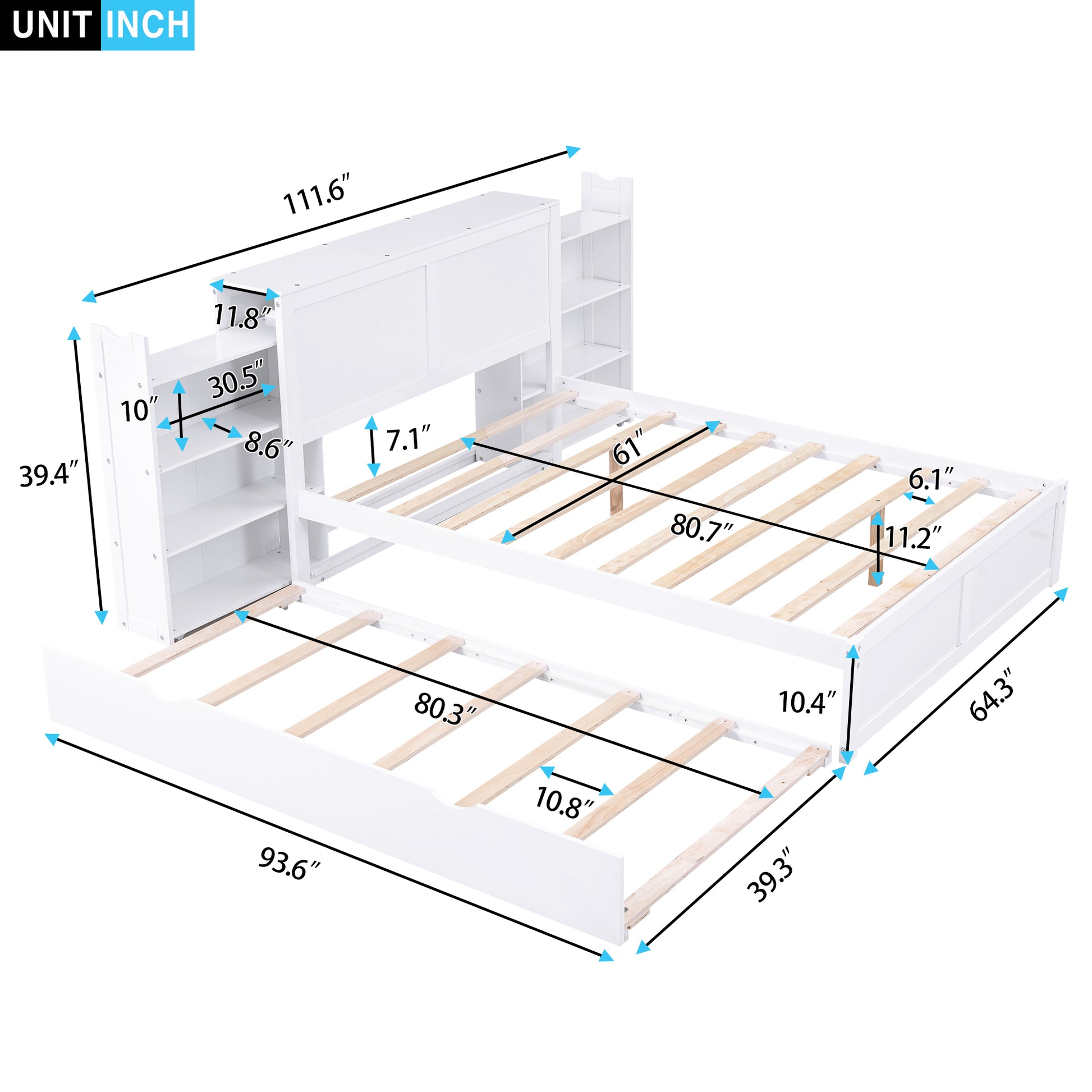 White wooden twin over twin bunk bed with trundle and shelving