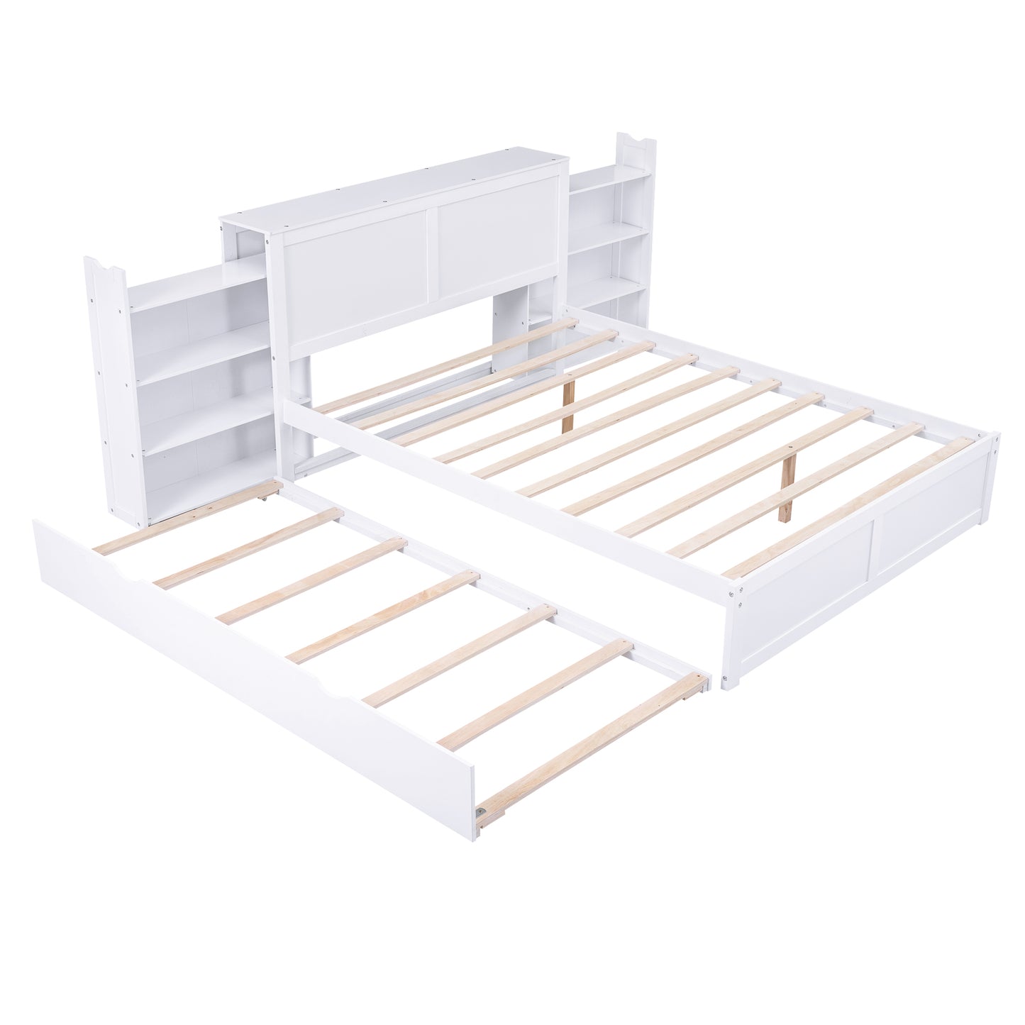 White twin bed frame with builtin shelves and pullout trundle