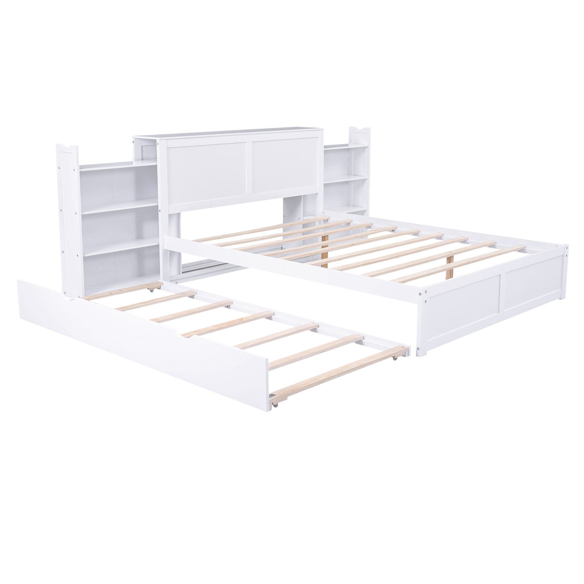White twin bed with storage shelves and pullout trundle