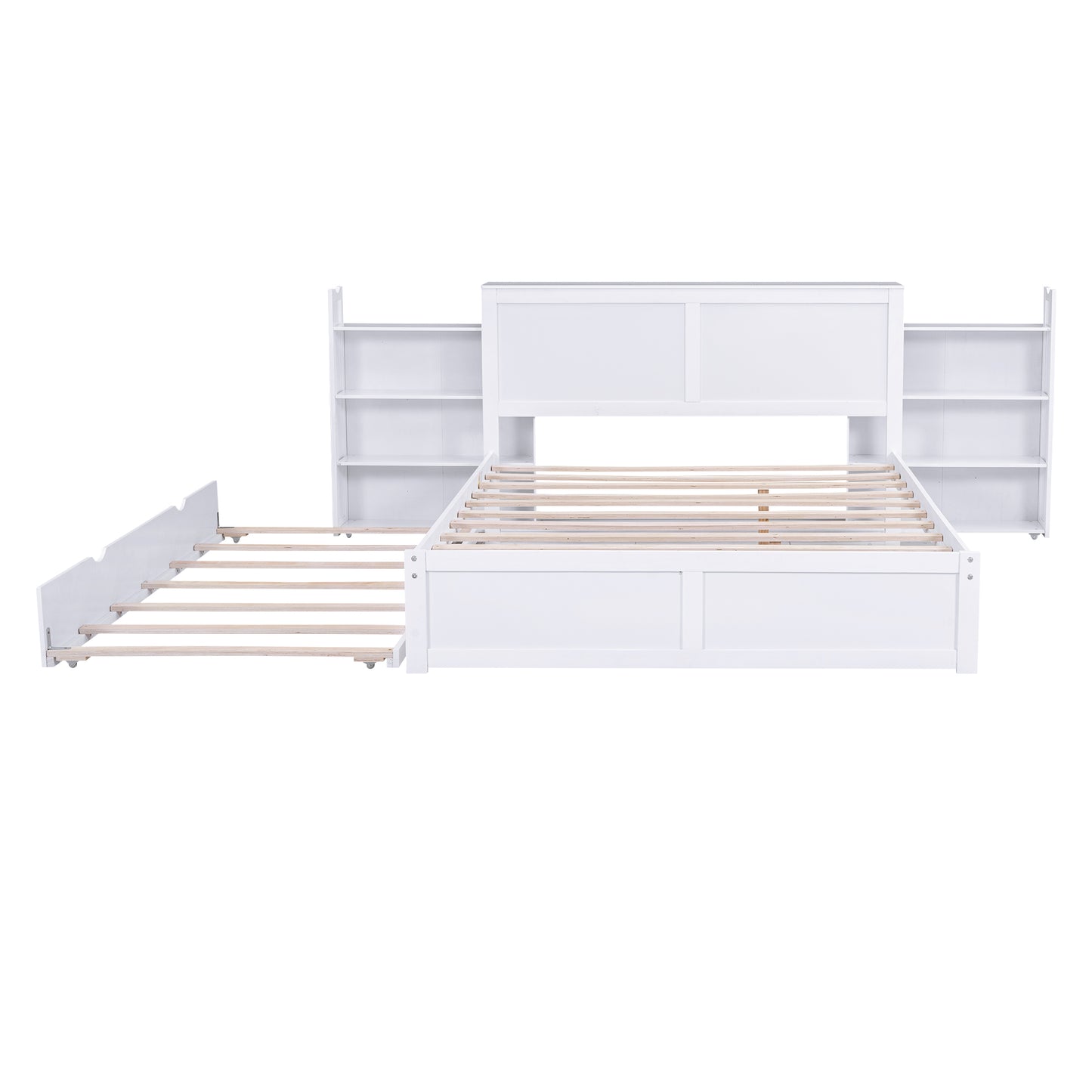 White wooden twin bed frame with headboard shelves and pullout trundle
