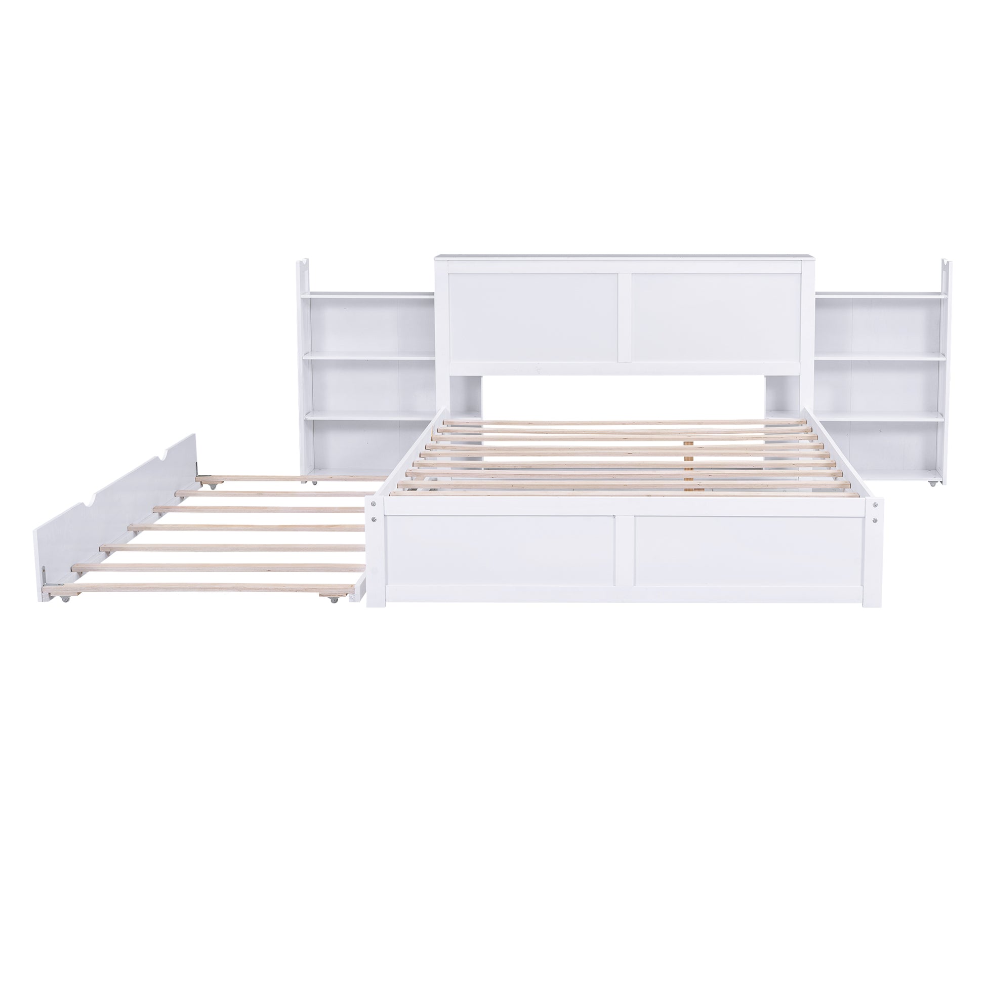 White wooden twin bed frame with headboard shelves and pullout trundle