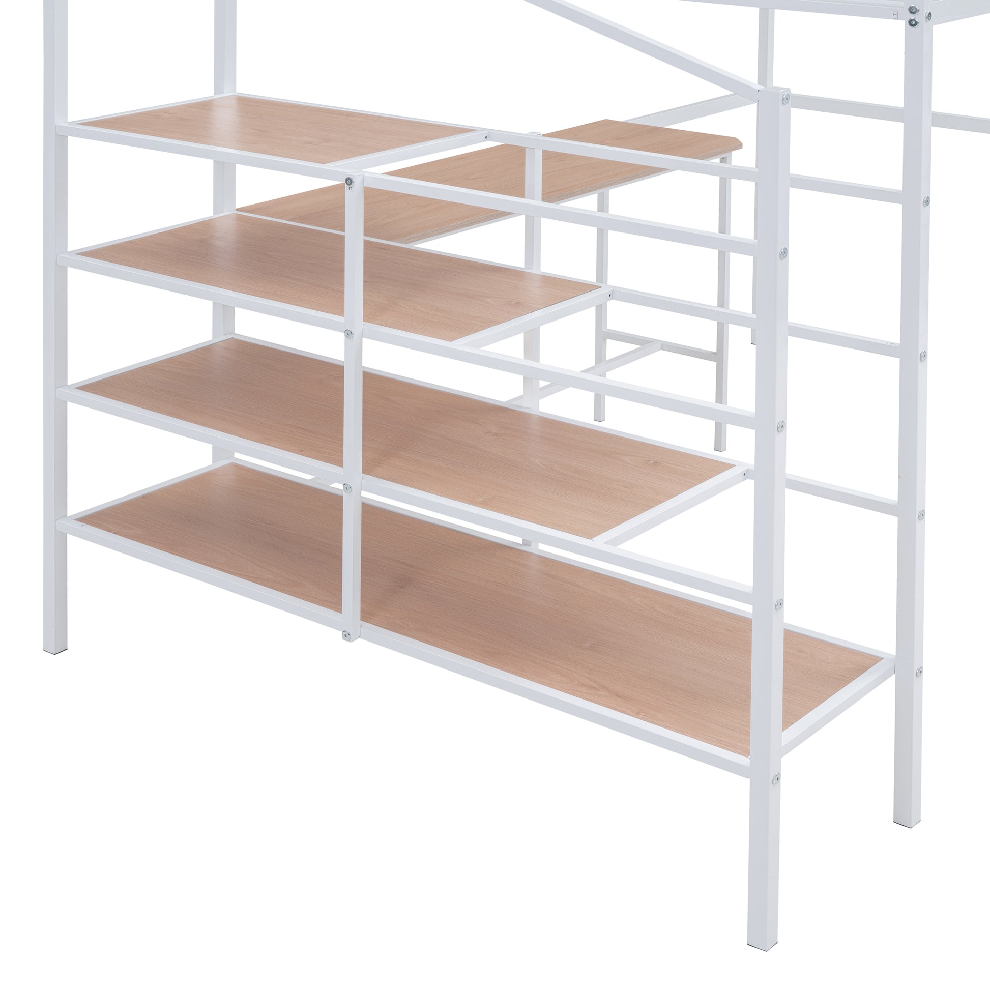 White metal frame shelf unit with natural wood grain laminate shelves