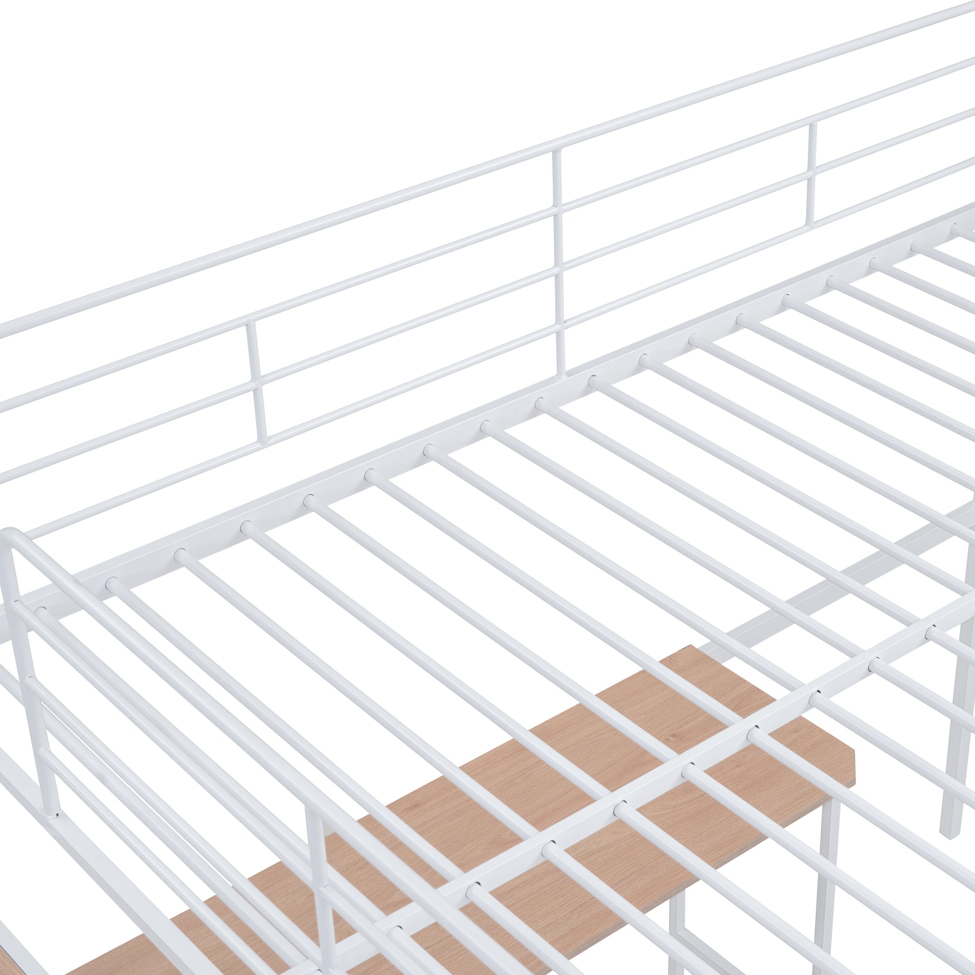 White metal bed frame with wooden slats