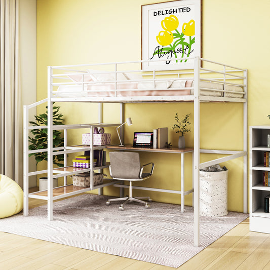 White metal loft bed with integrated desk and shelves