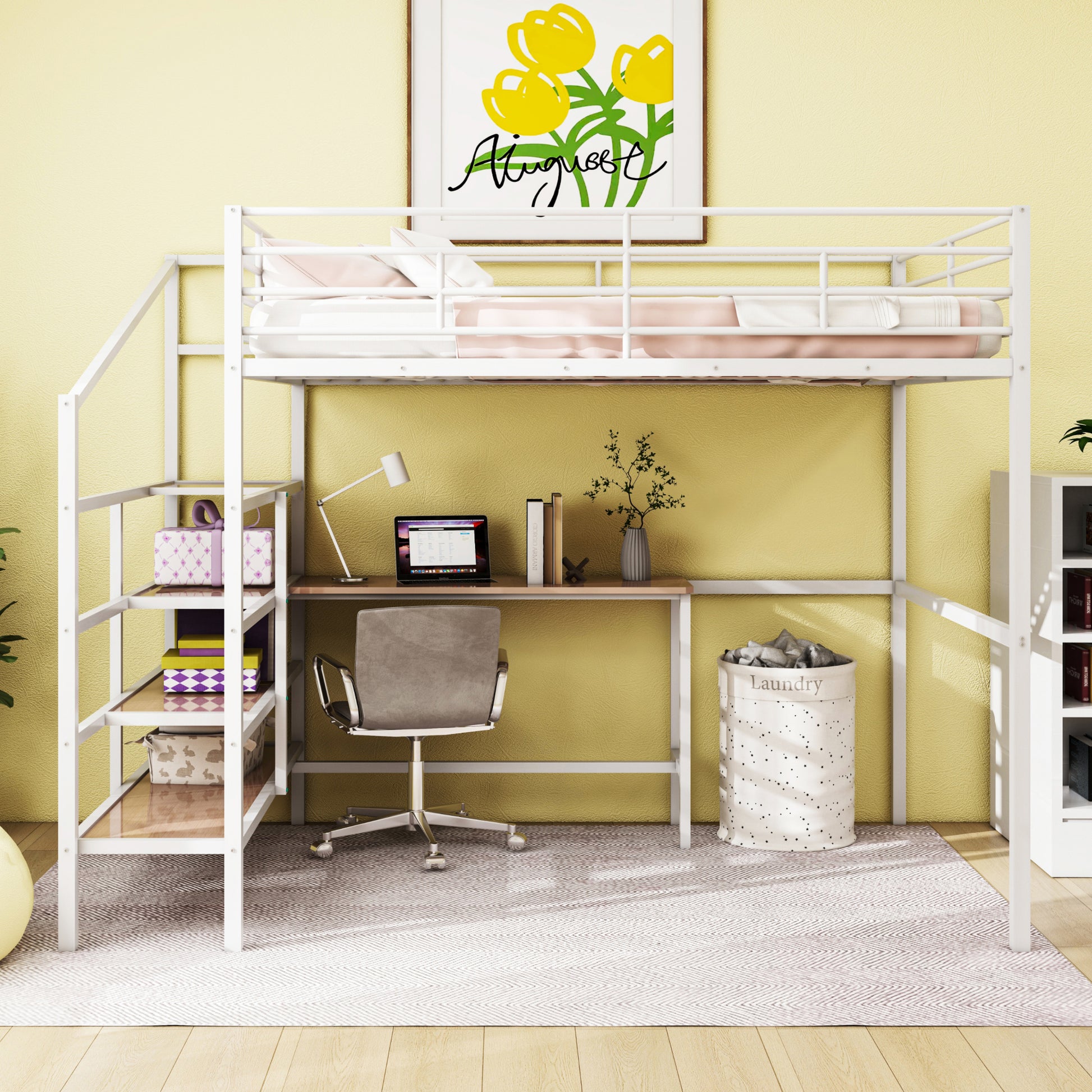 White metal loft bed with desk and stairs perfect for kids room