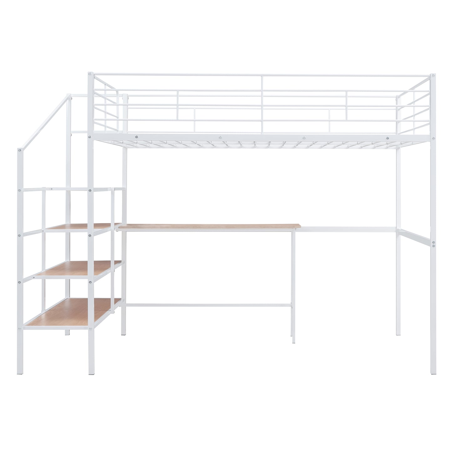 White metal loft bed with integrated desk and shelf staircase