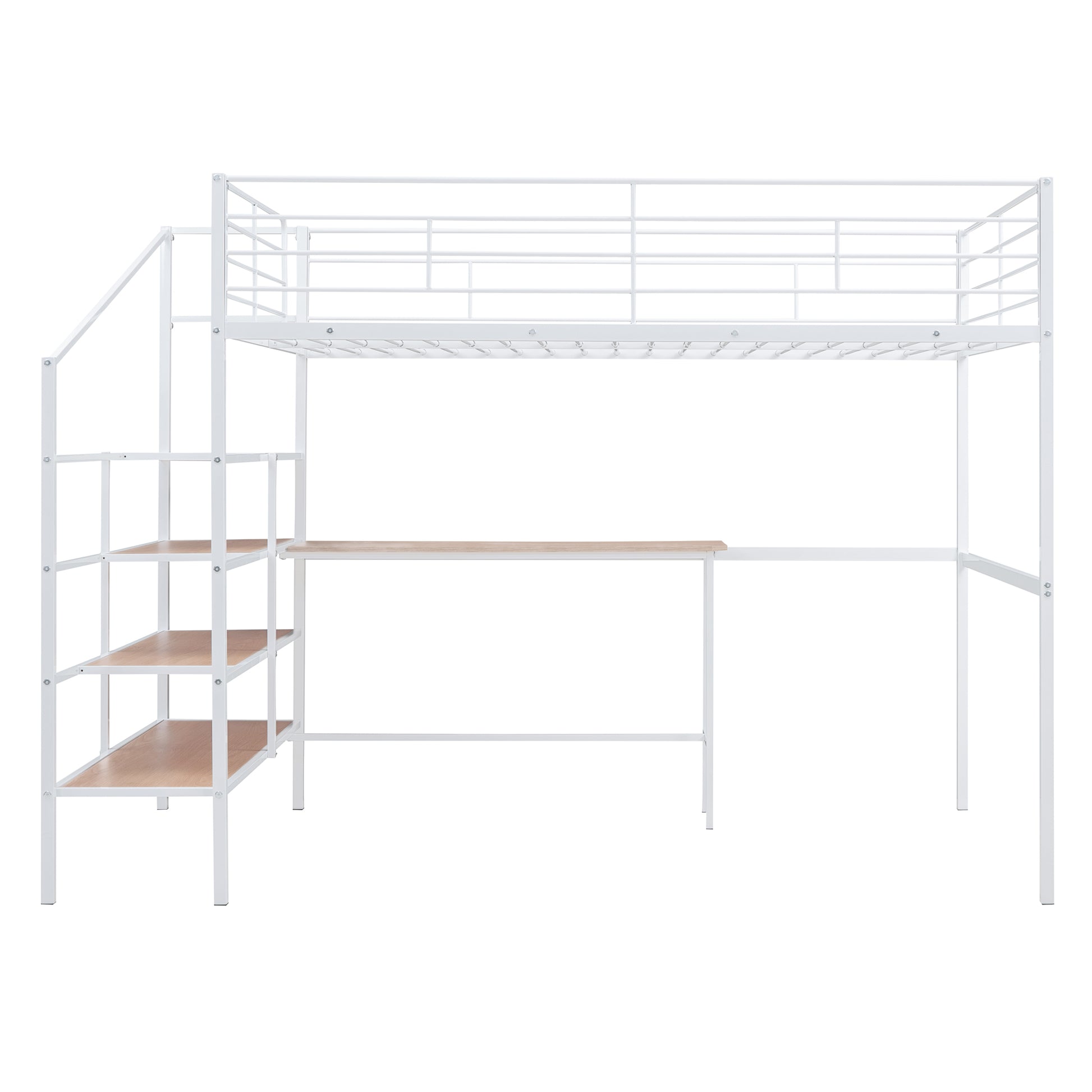 White metal loft bed with integrated desk and shelf staircase