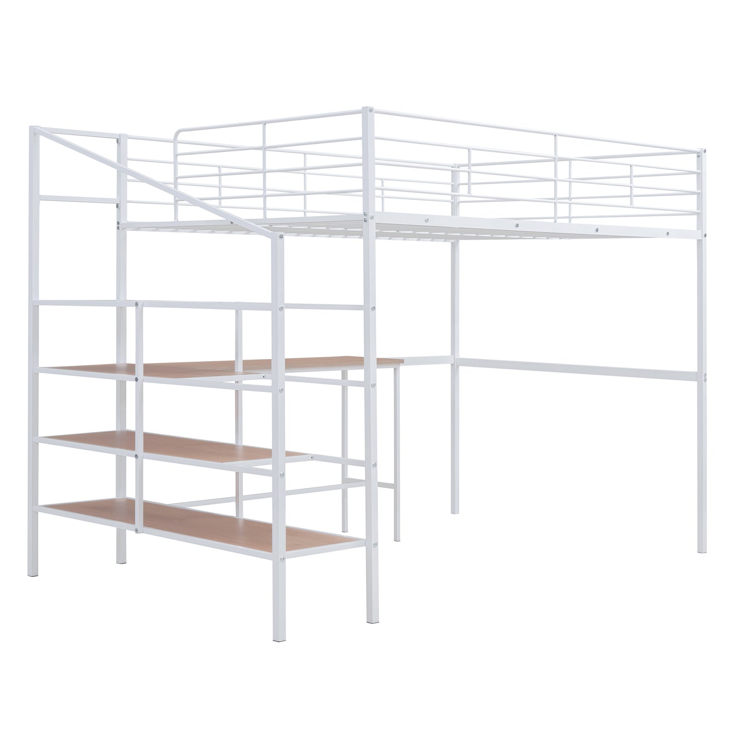 White metal loft bed with stairs and desk