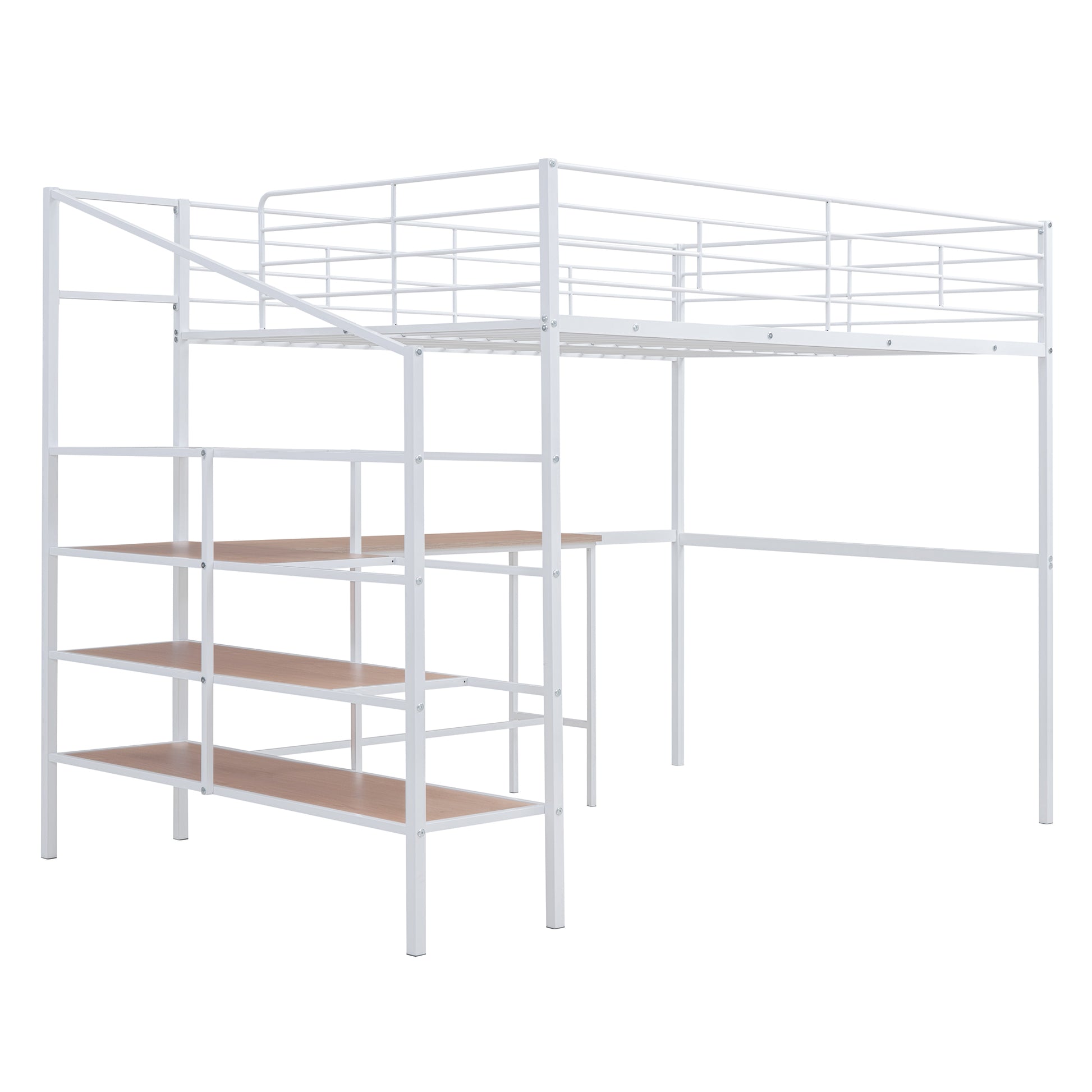 White metal loft bed with stairs and desk