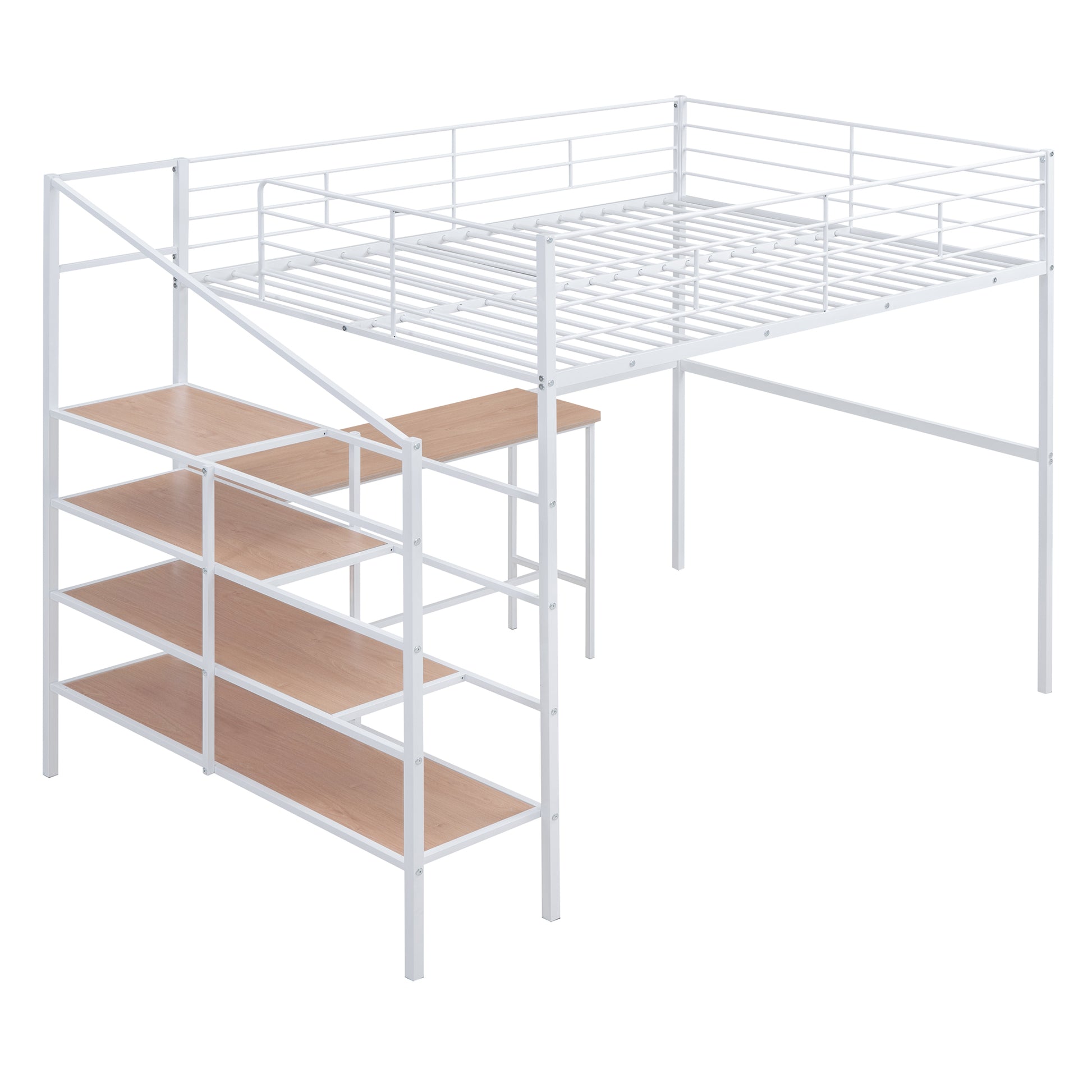 White metal loft bed with integrated desk and shelf staircase