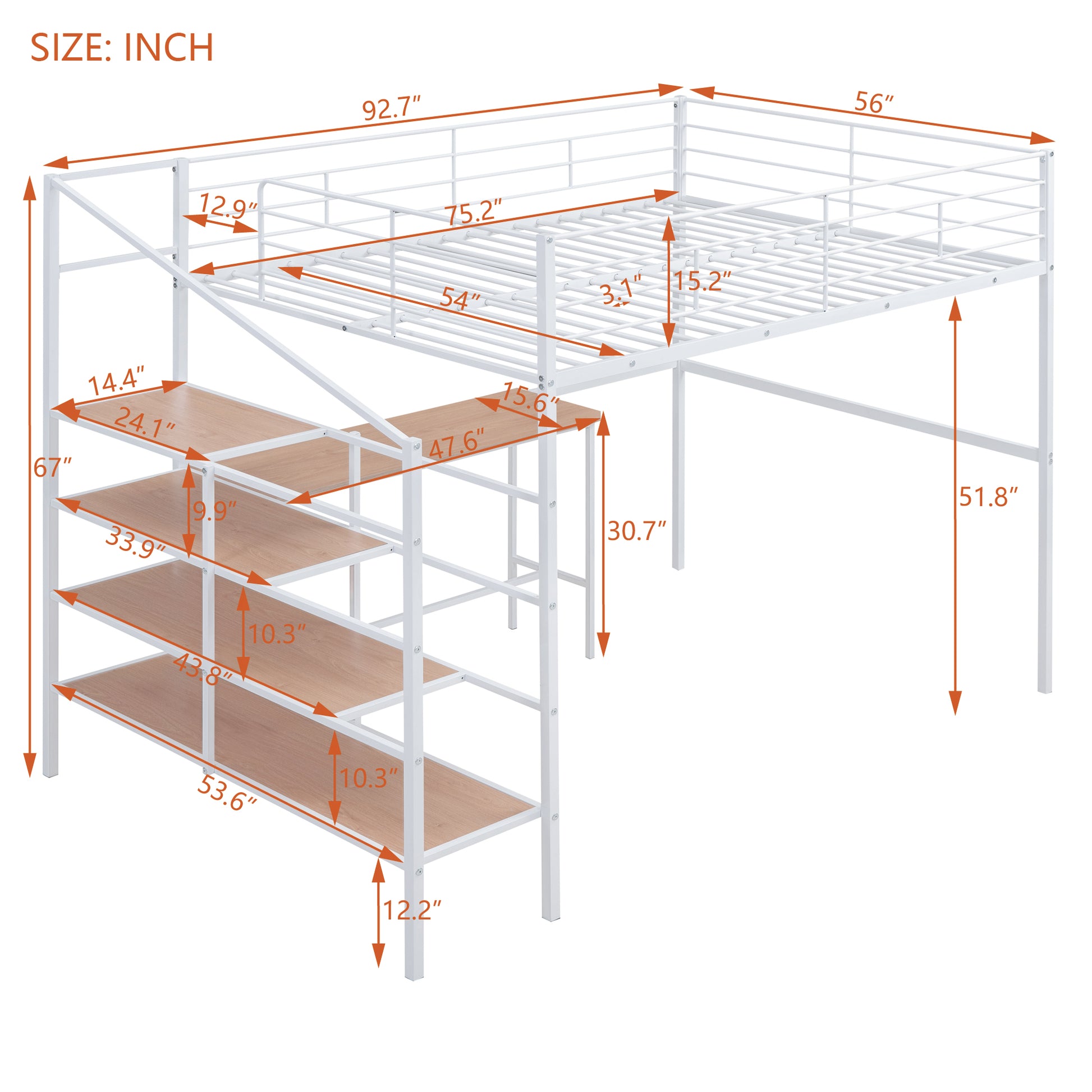 White metal loft bed frame with integrated ladder and shelves