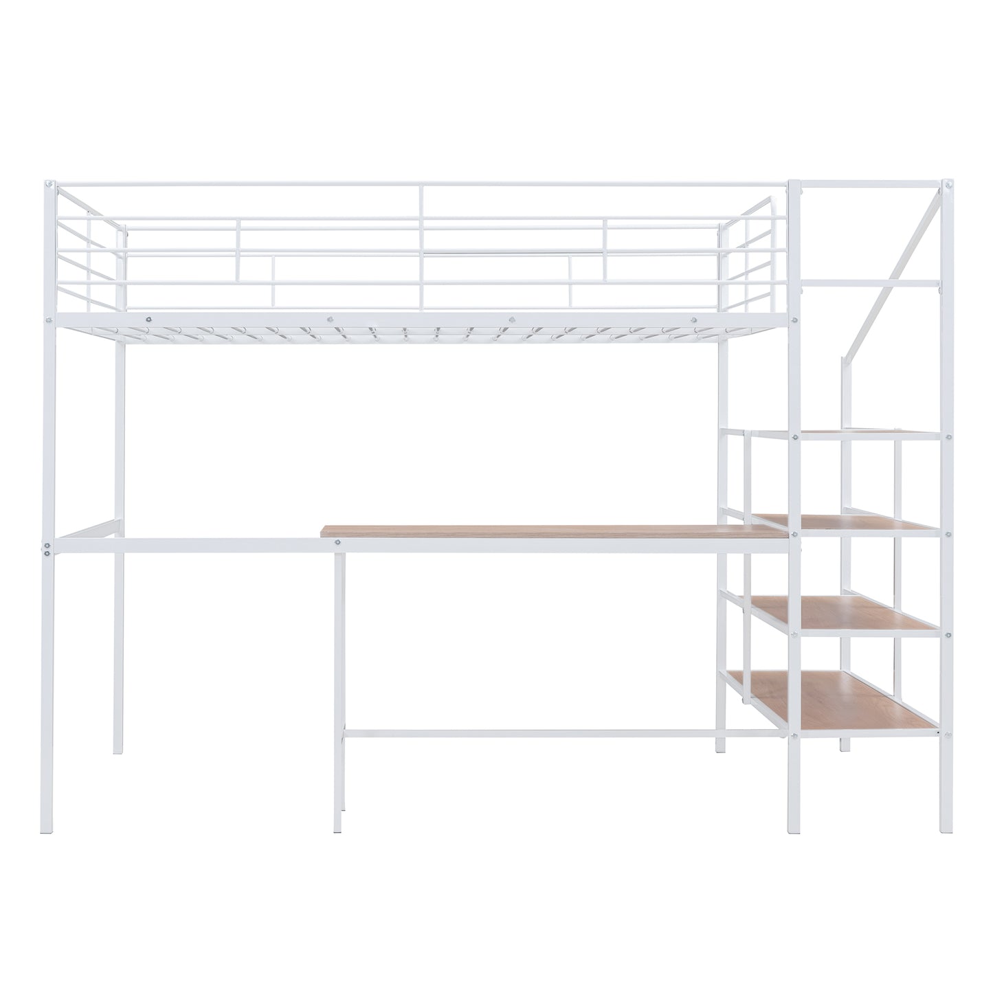 White metal loft bed with desk and shelves