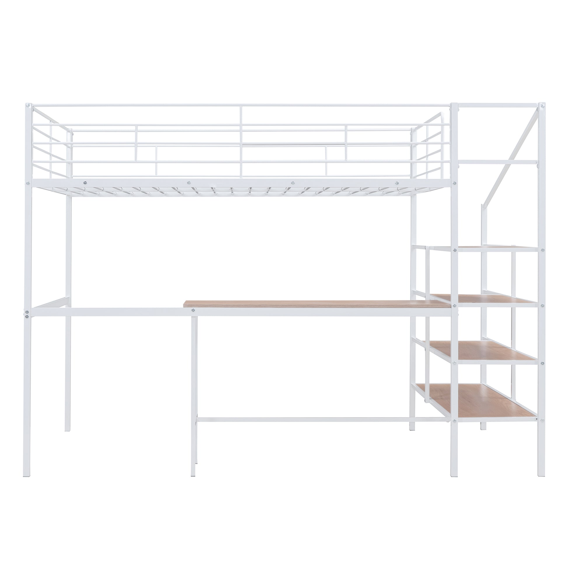 White metal loft bed with desk and shelves