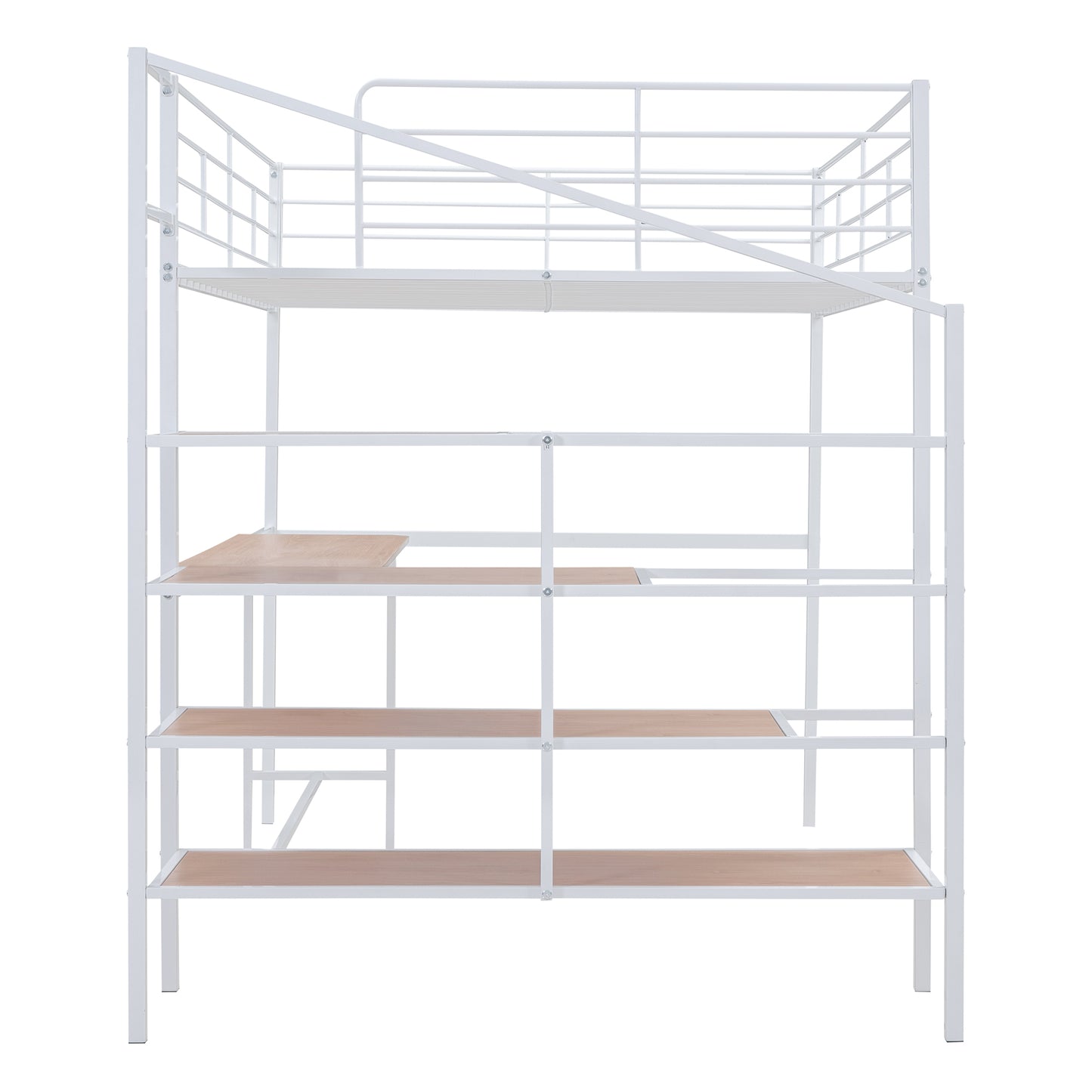 White metal loft bed with wood shelves and desk