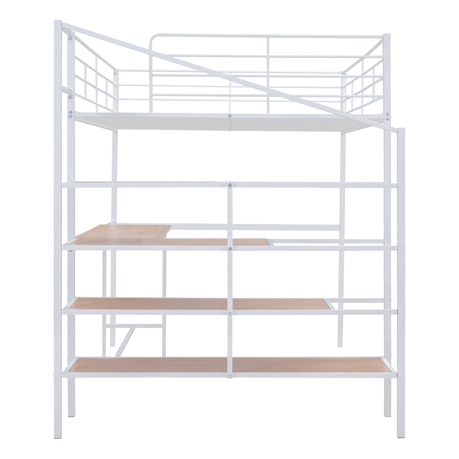 White metal loft bed with wood shelves and desk