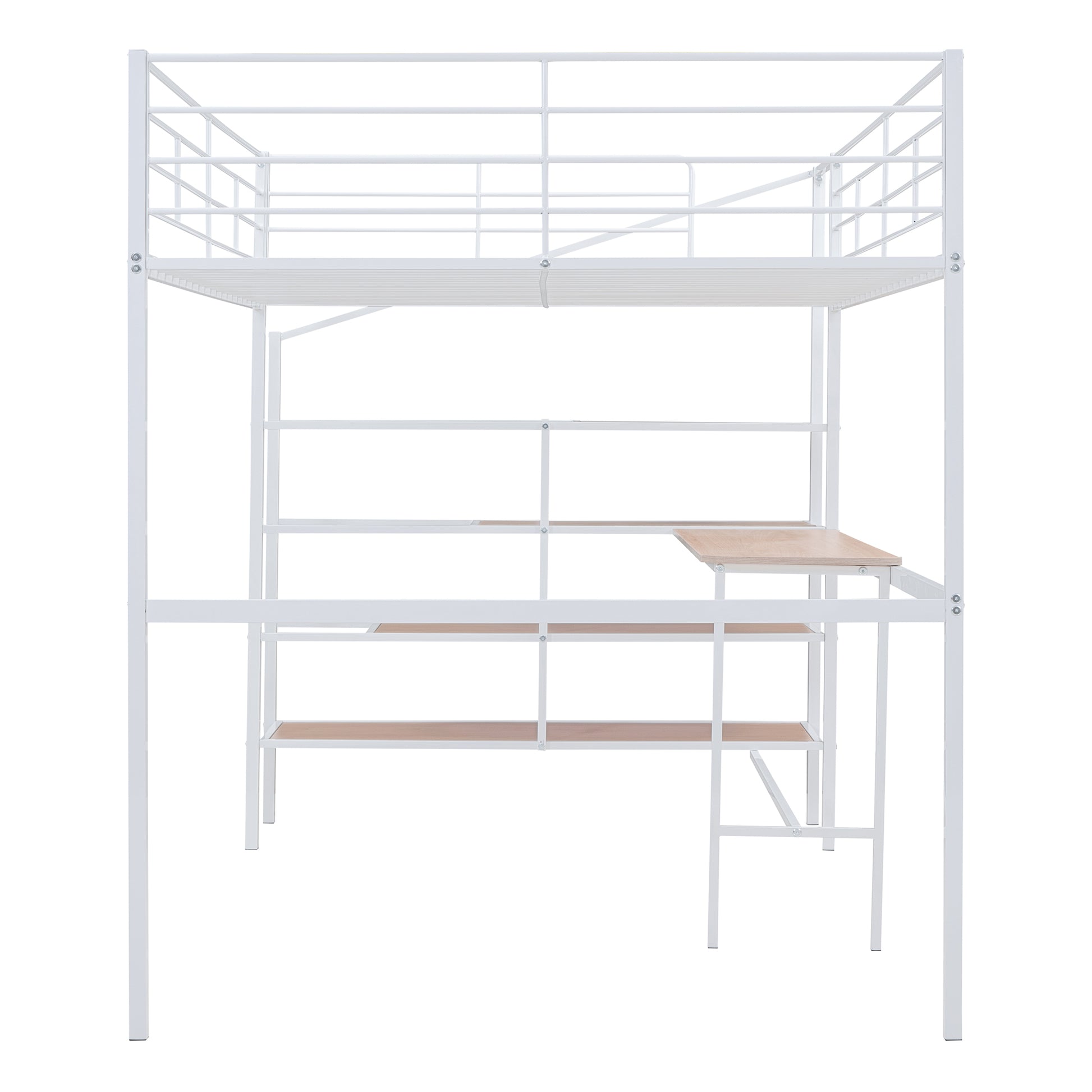 White metal loft bed with integrated desk and shelves