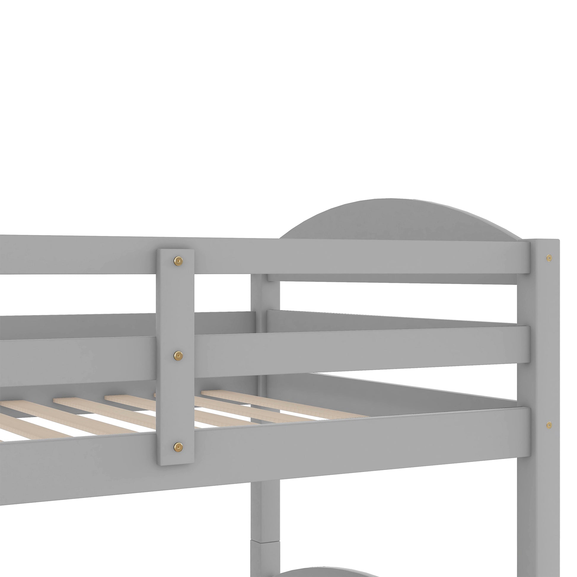 Closeup of grey wooden bunk bed frame with slatted base detail