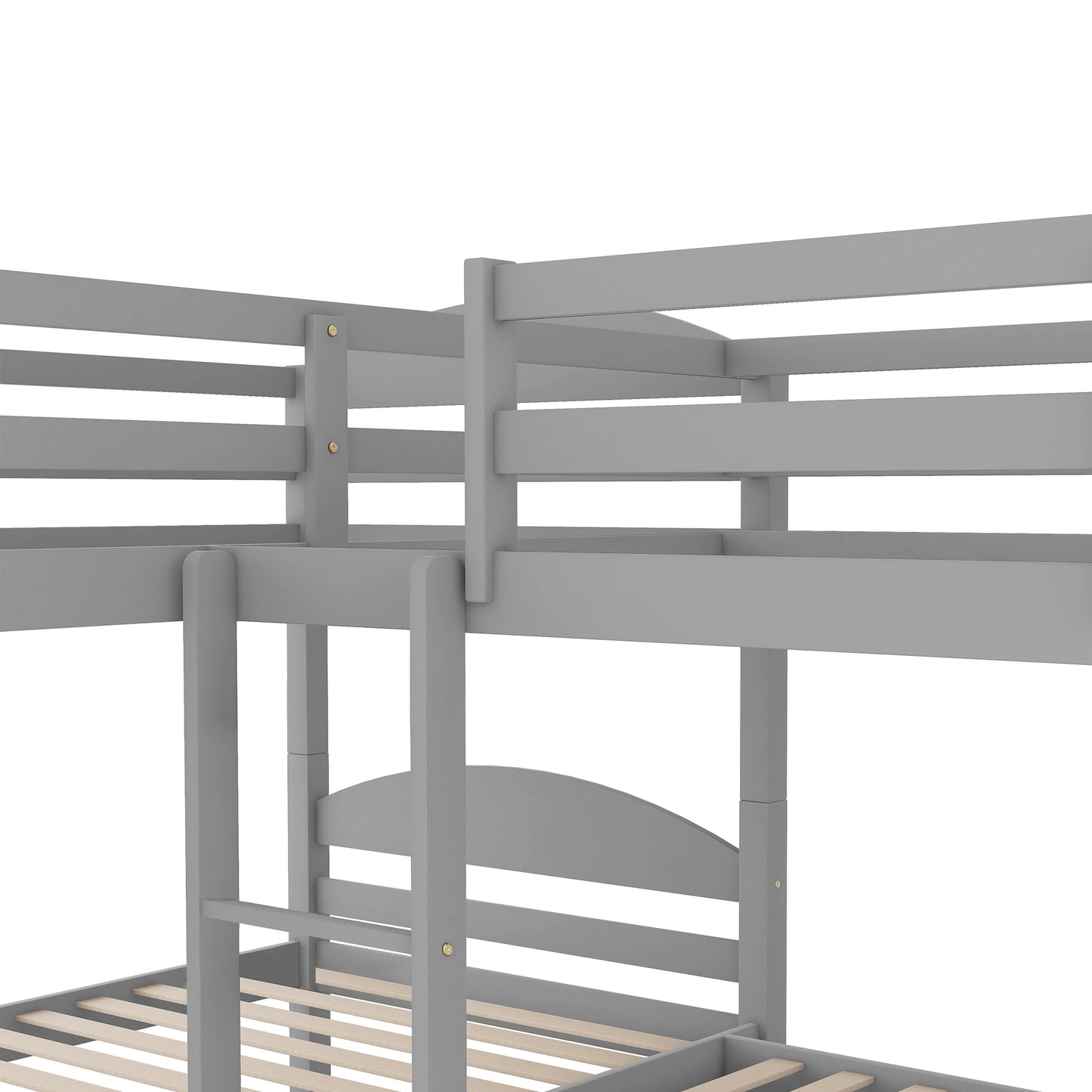 Grey wooden Lshaped bunk bed frame with slatted base spacesaving design