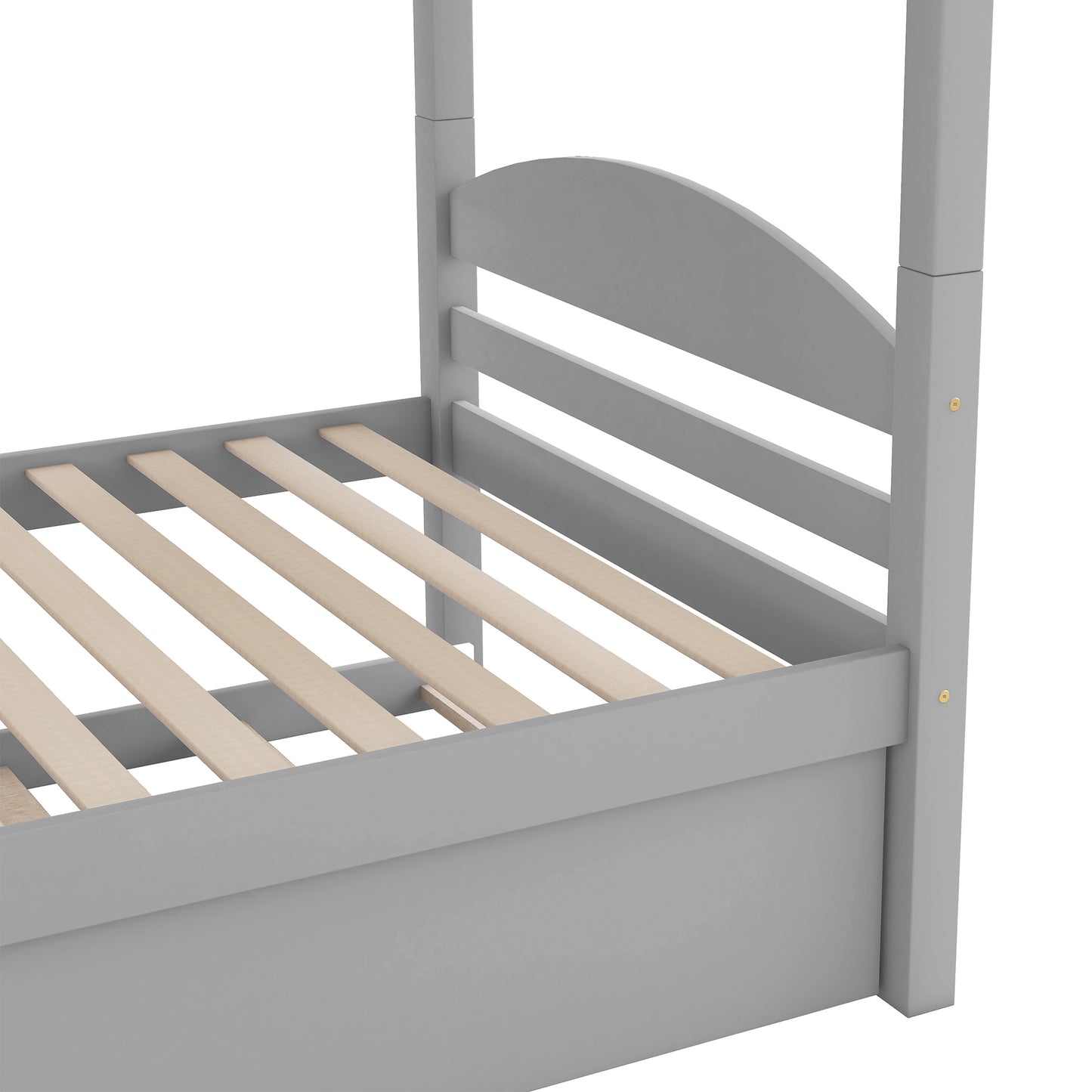 Closeup of a grey wooden canopy bed frame with wooden slats