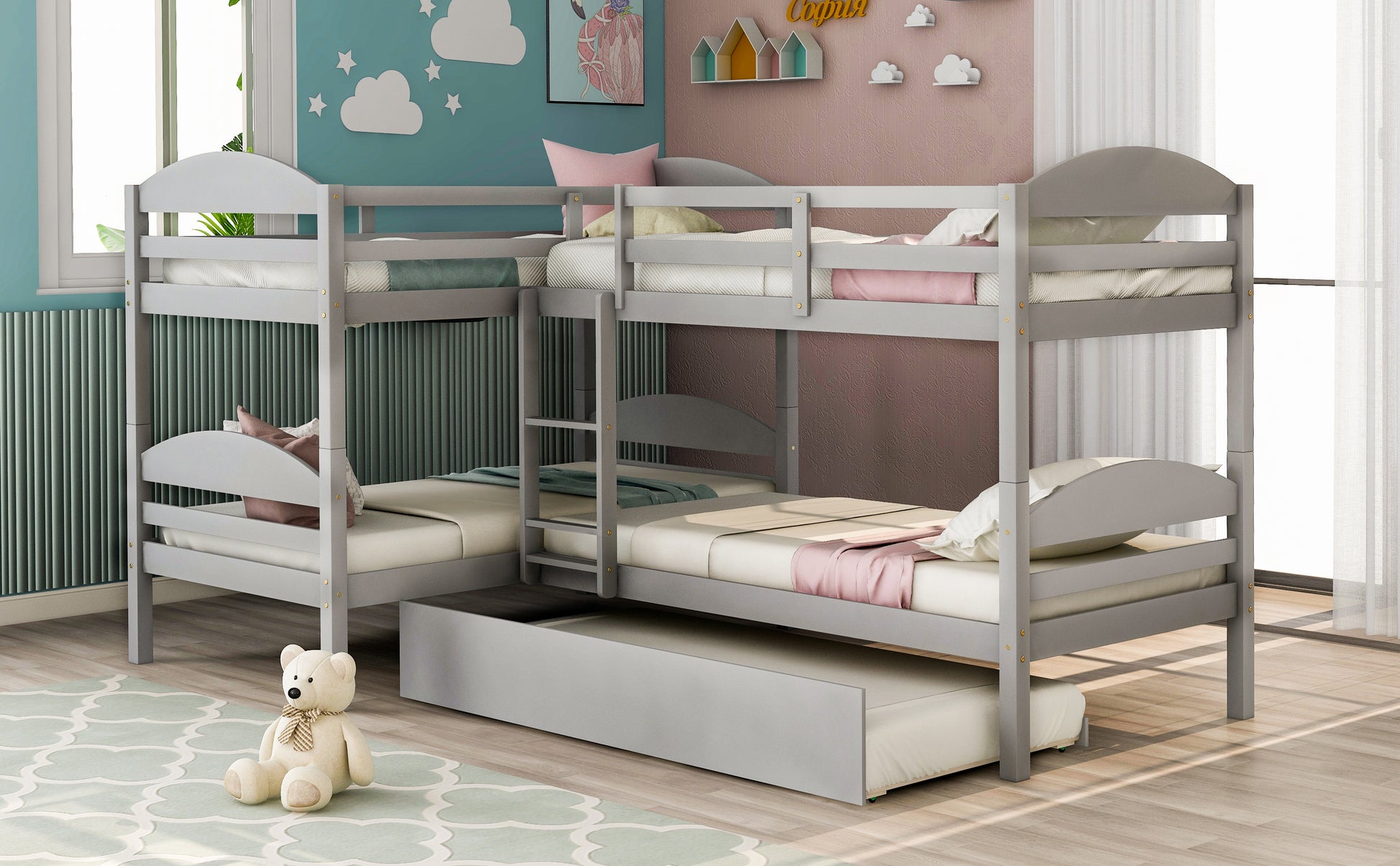 Gray Lshaped bunk bed with trundle for children featuring sturdy wooden construction