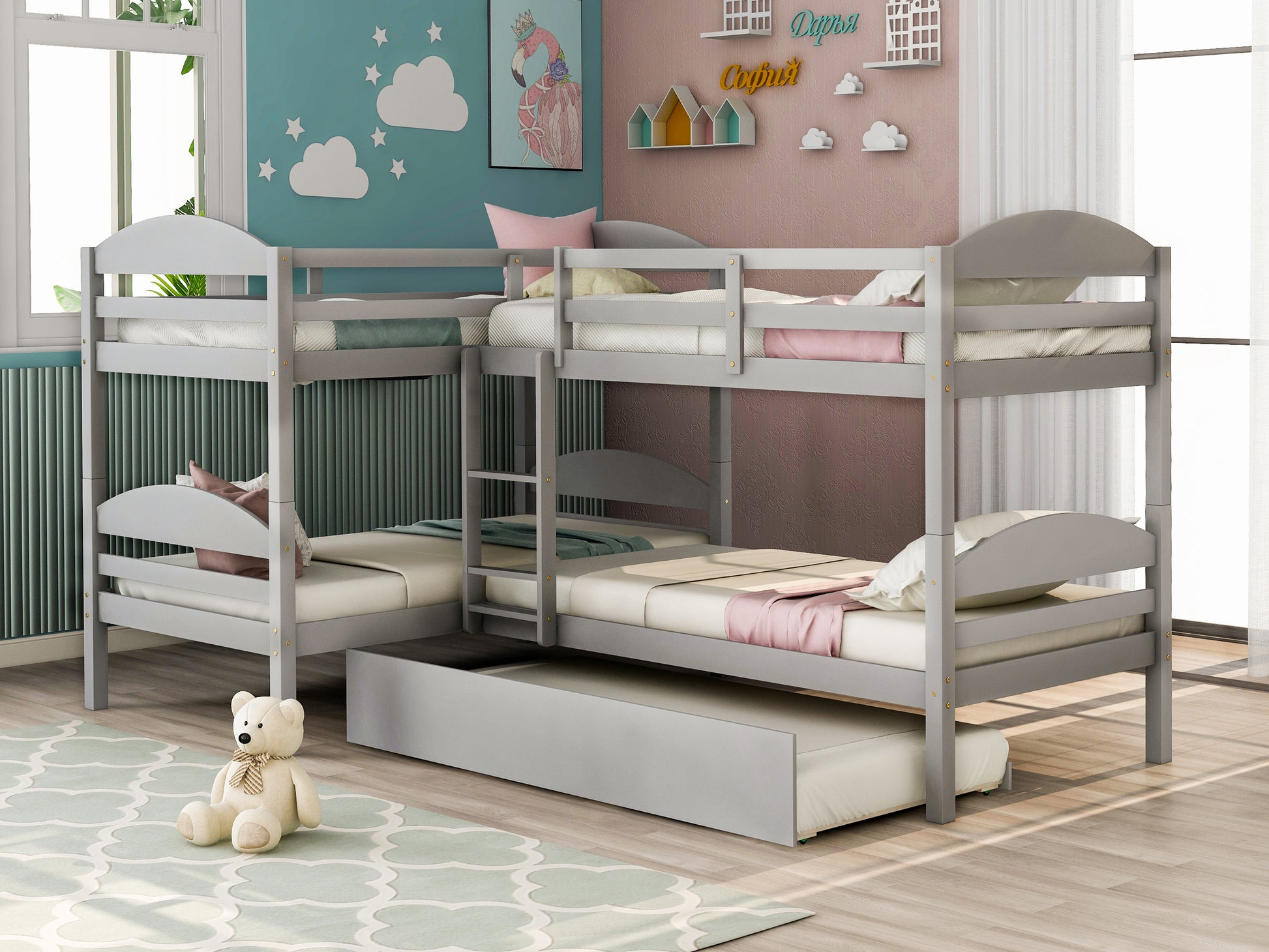 Gray wooden corner bunk bed with pullout trundle