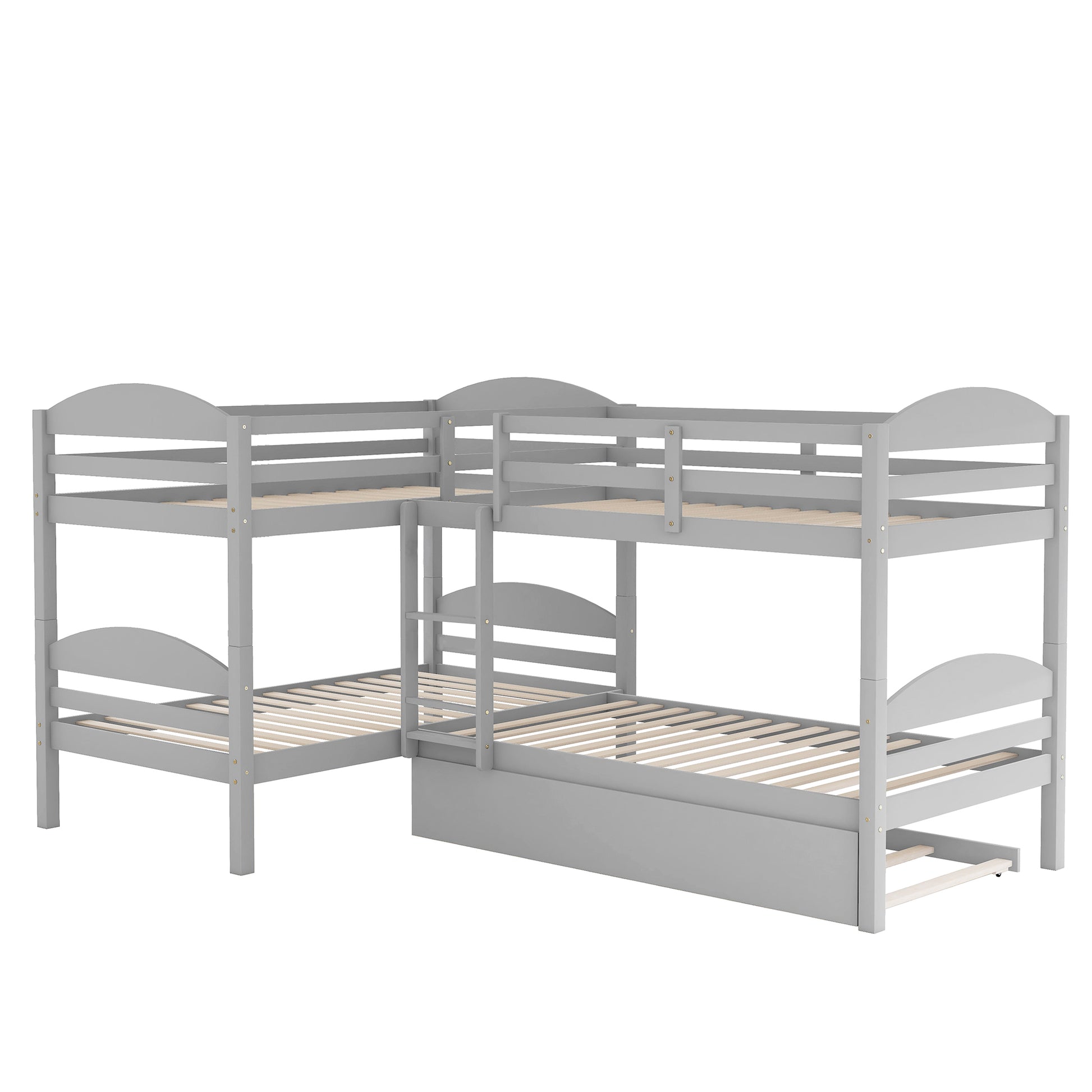 Gray wooden Lshaped triple bunk bed with pullout trundle