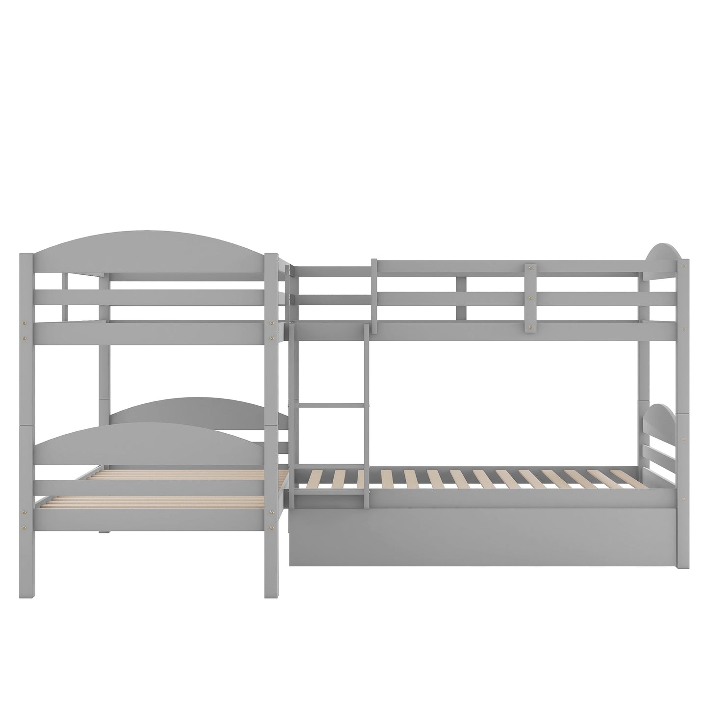 Gray wooden Lshaped bunk bed with stairs and trundle