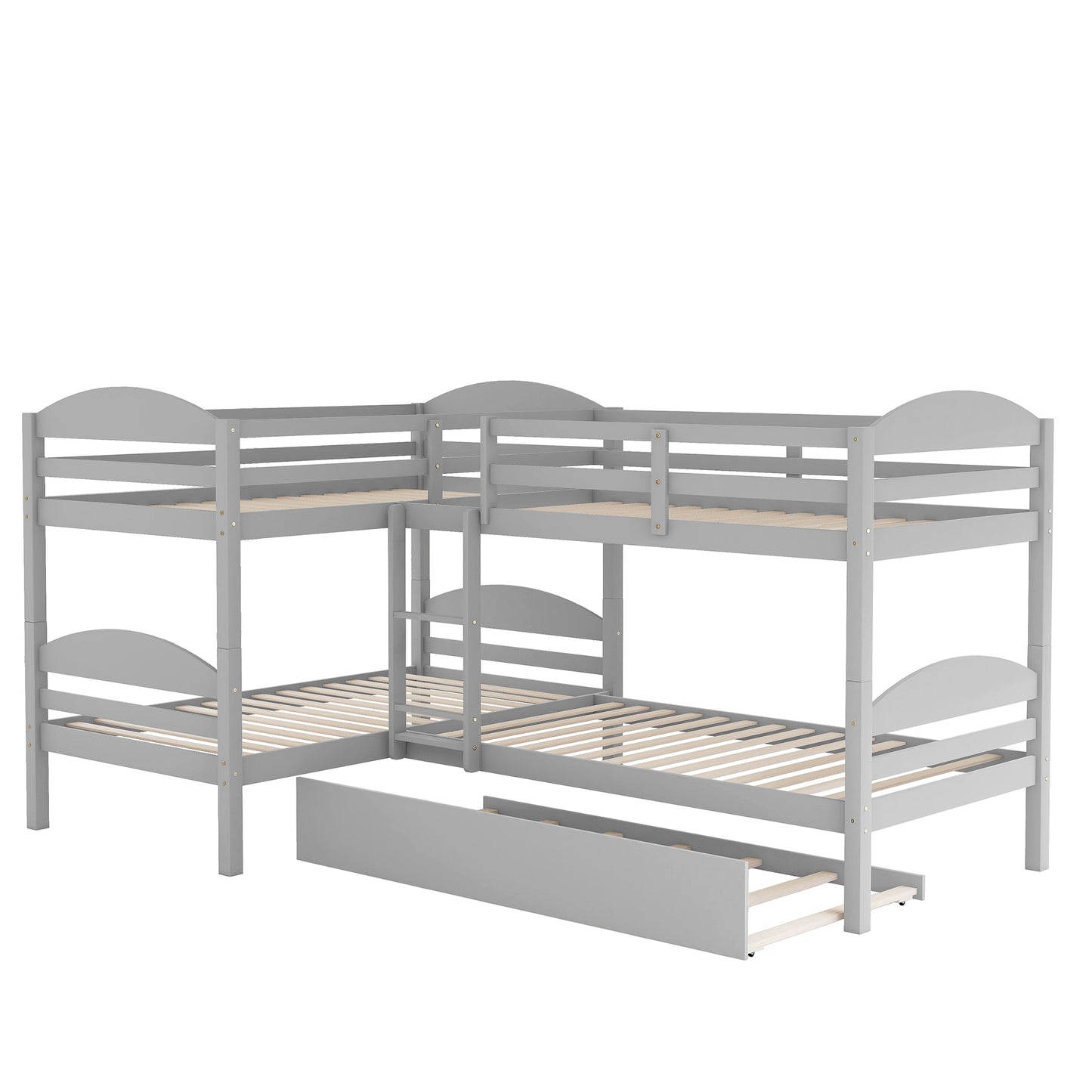 Gray corner bunk bed with trundle drawer