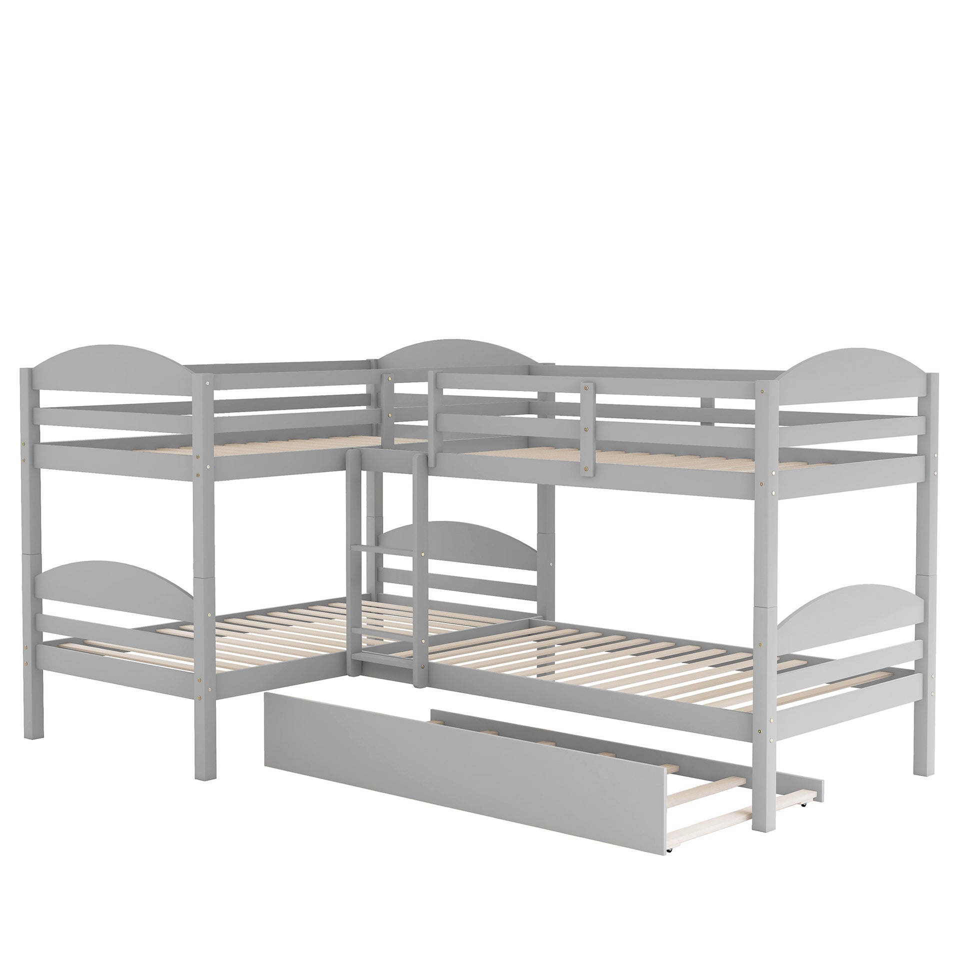 Gray corner bunk bed with trundle drawer
