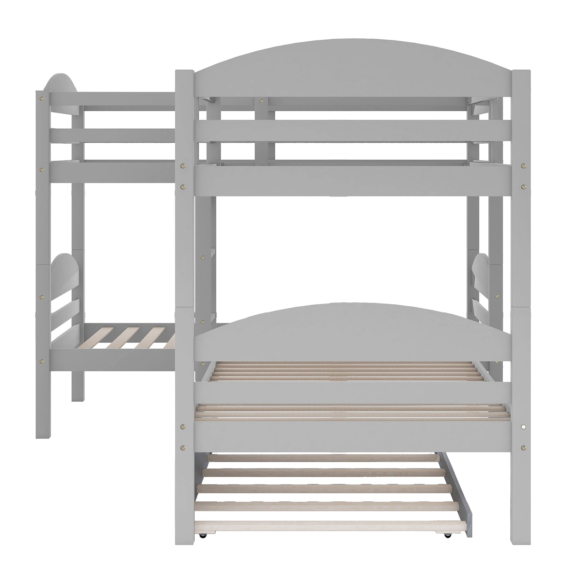 Gray wooden Lshaped bunk bed with arched headboards and slatted bases