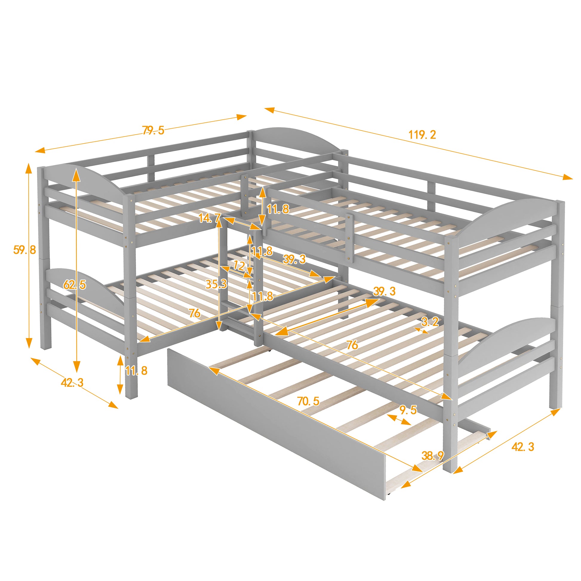Gray Lshaped triple bunk bed with a pullout trundle and dimensions