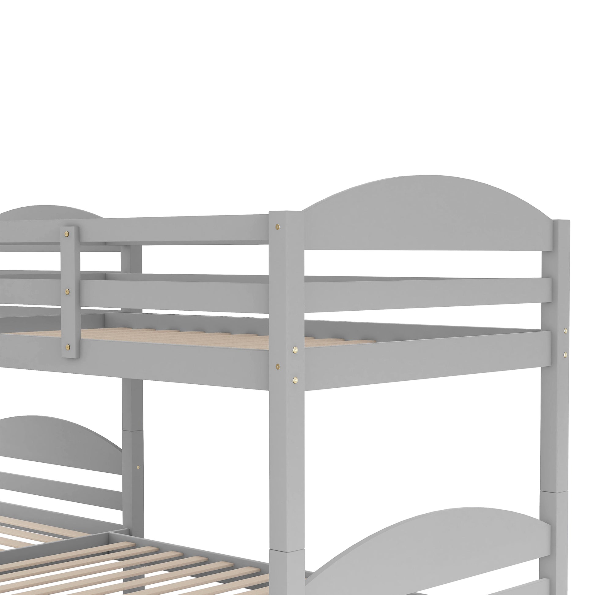 Gray wooden bunk bed frame with arched headboard and footboard