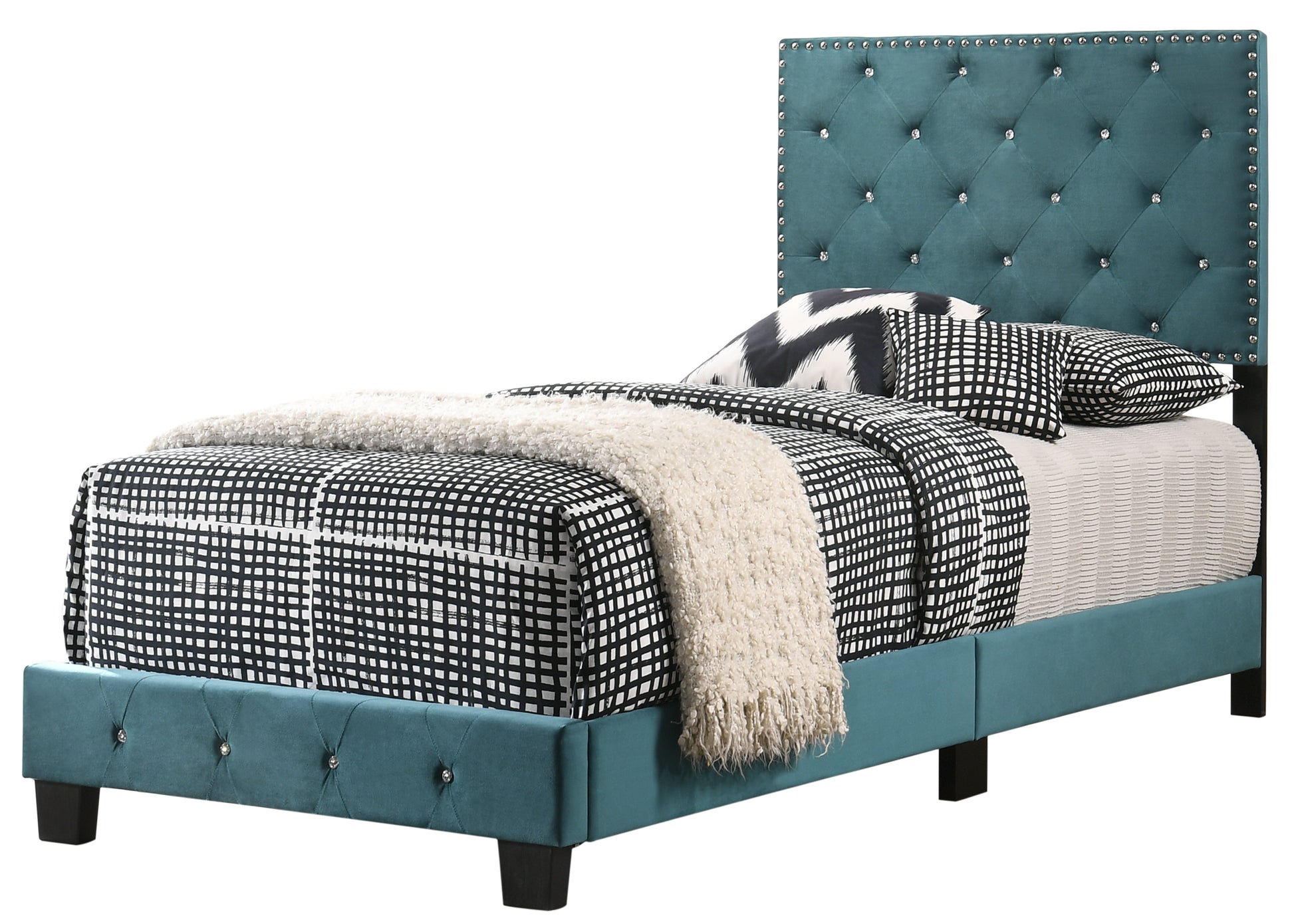 Teal velvet tufted twin bed with crystal buttons and geometric bedding