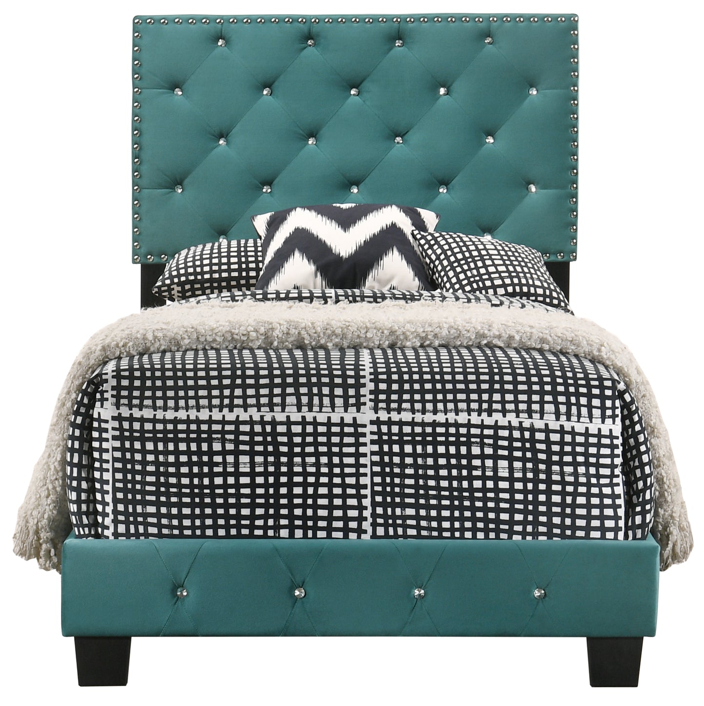 Teal velvet upholstered bed frame with diamond tufting and crystal accents