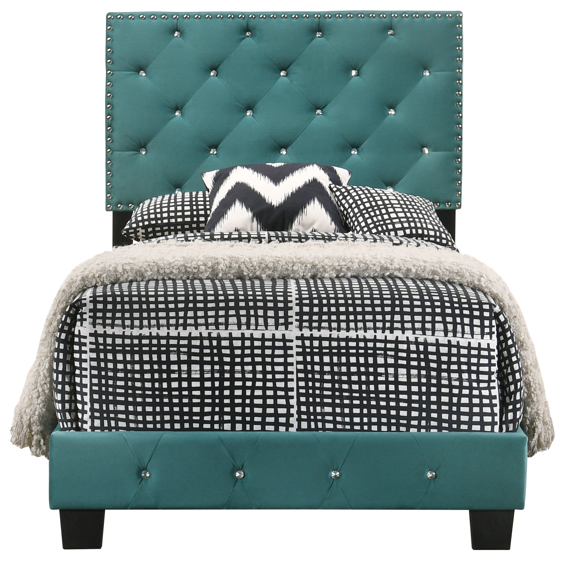 Teal velvet upholstered bed frame with diamond tufting and crystal accents